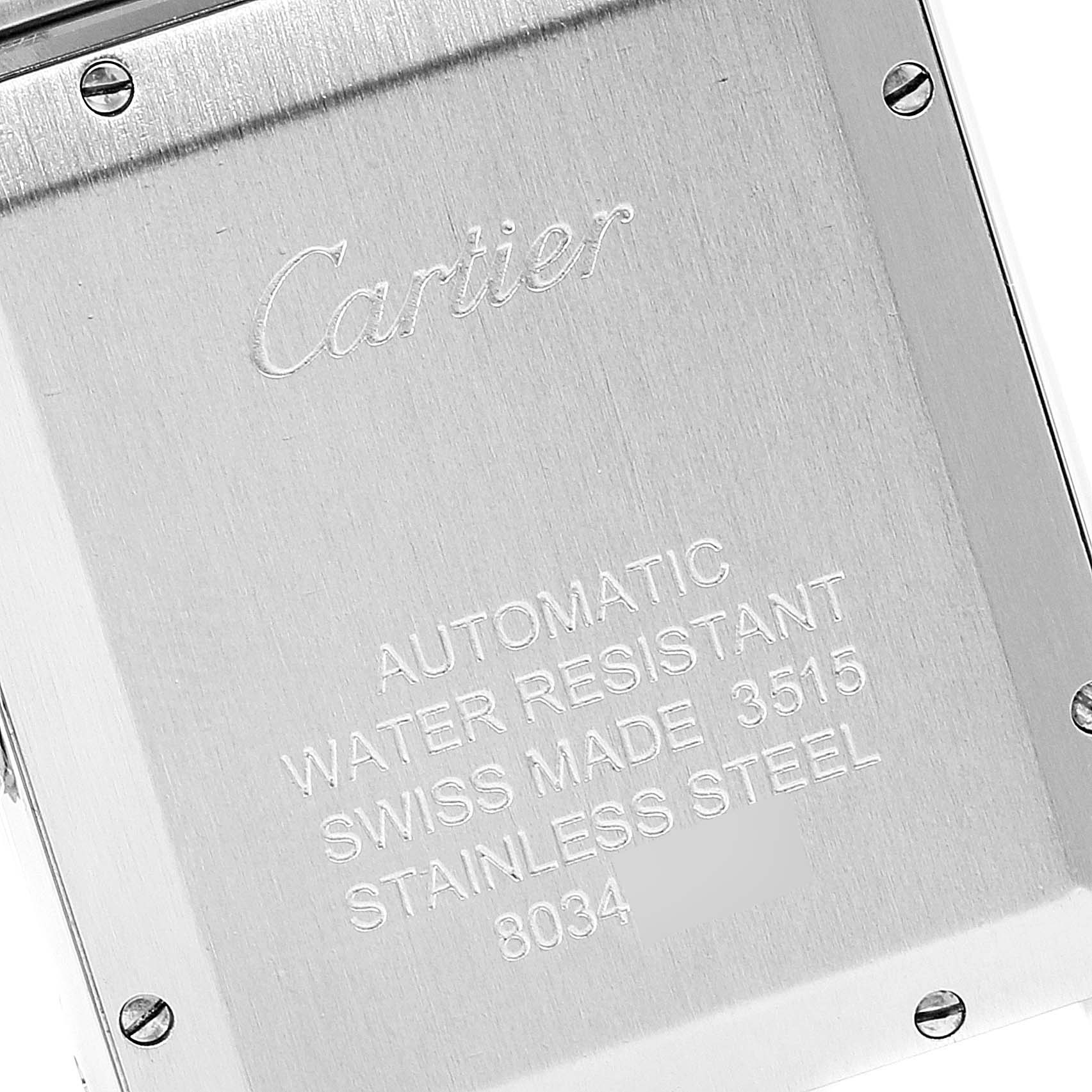 The image shows a close-up of the back case of a Cartier Tank Solo W5200028 Men
s Stainless Steel Silver Dial W5200028 Men
s Stainless Steel Silver Dial watch.