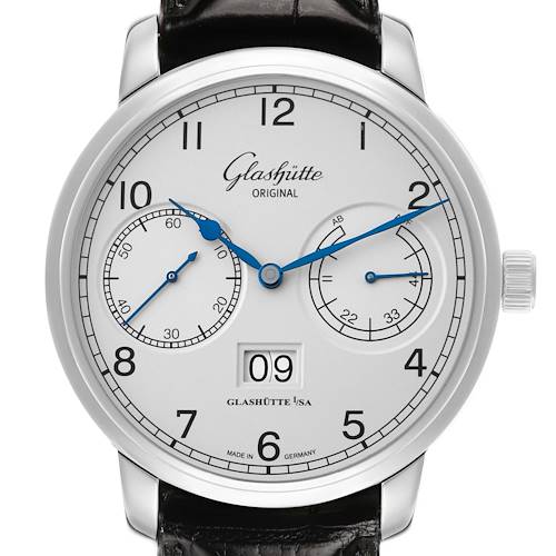 The Glashütte Senator watch is shown from the front, displaying its dial, hands, subdials, and crown.