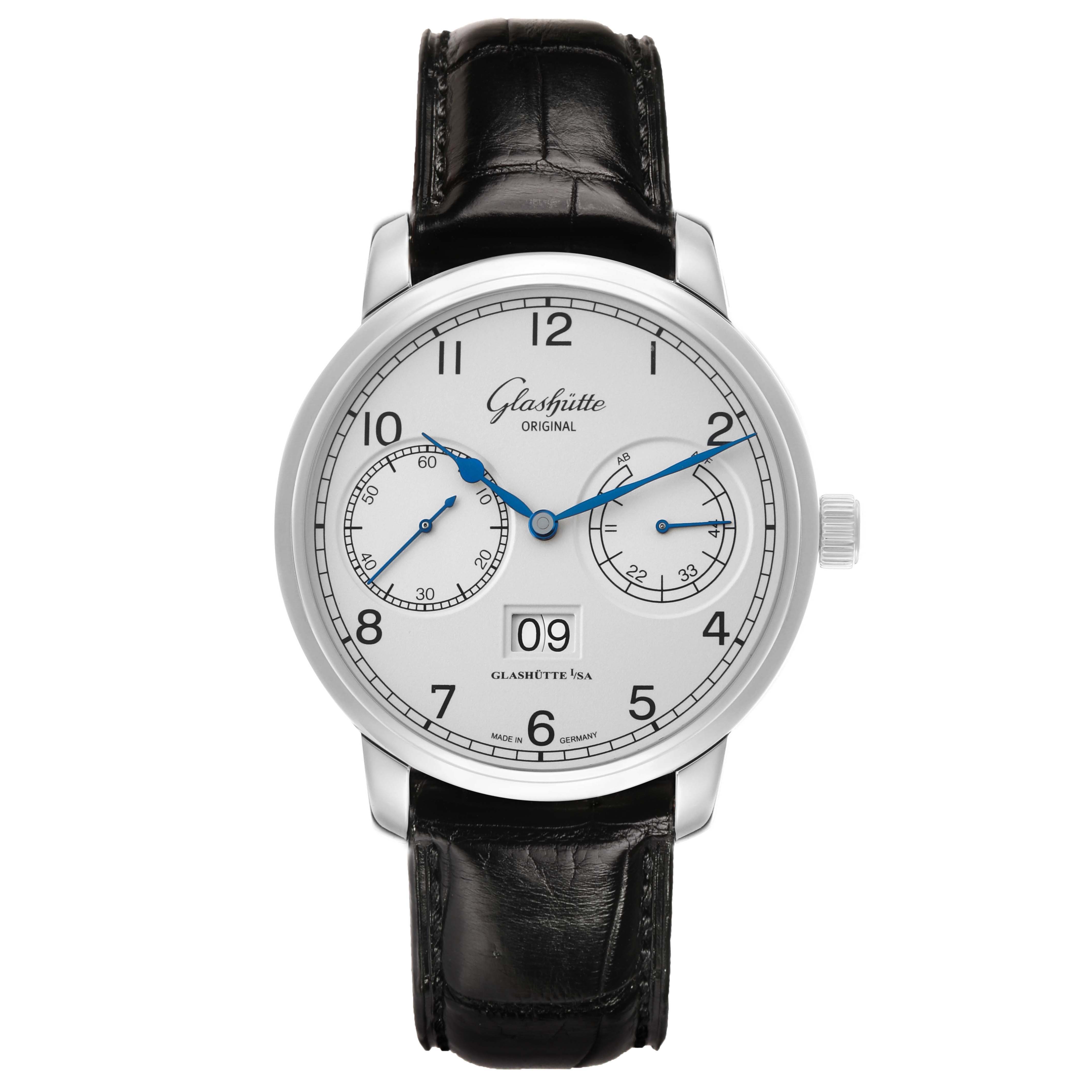 The Glashutte Senator 1-00-14-05-02-04 Men's Stainless Steel Silver Dial watch is shown from the front, featuring a white dial, black numerals, subdials, a date window, and a black leather strap.