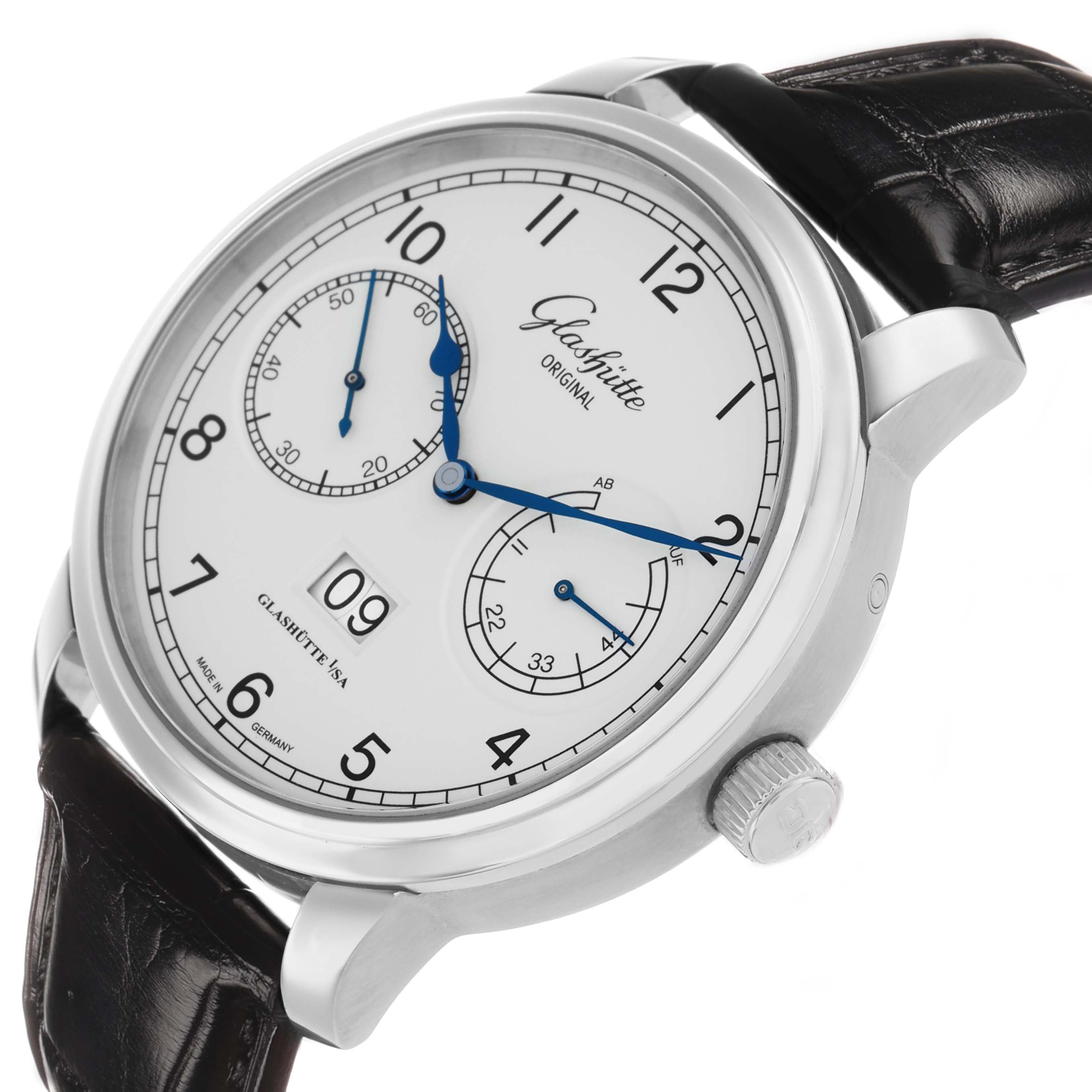 The Glashütte Senator model watch is shown from a front angle, highlighting the dial, subdials, and crown with a leather strap.