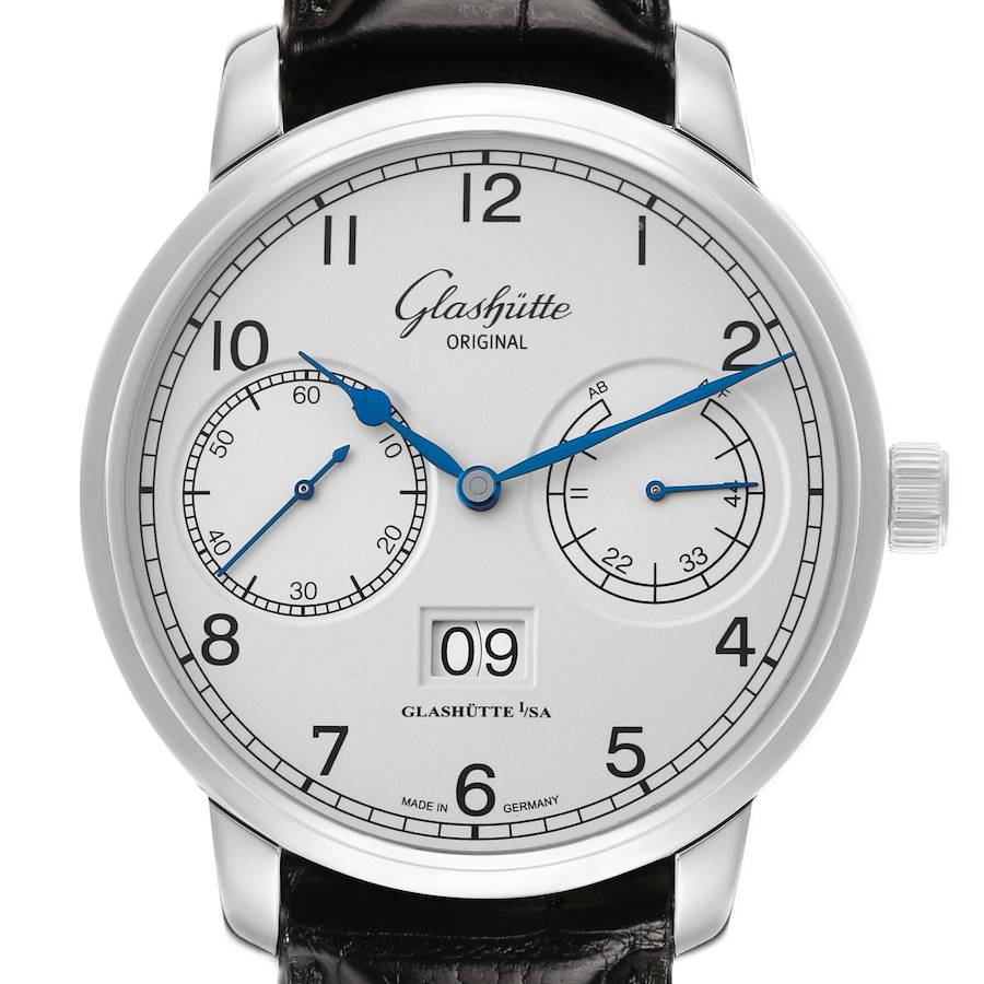 The Glashütte Senator watch is shown from the front, highlighting the dial, hands, subdials, and date window.