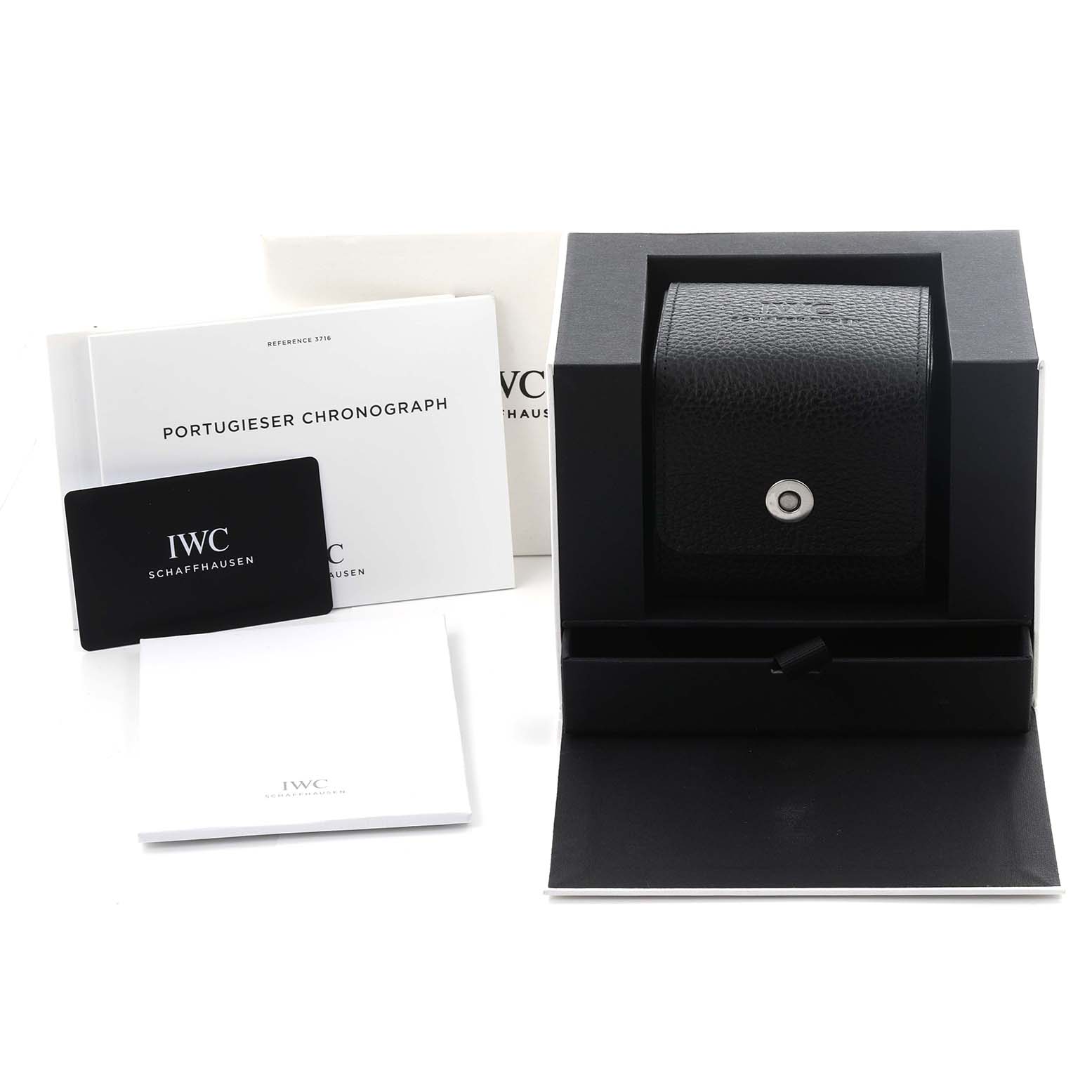 The image shows the IWC Portuguese IW371606 Men's Stainless Steel Blue Dial IW371606 Men's Stainless Steel Blue Dial model's box, manuals, and authenticity card from a frontal angle.