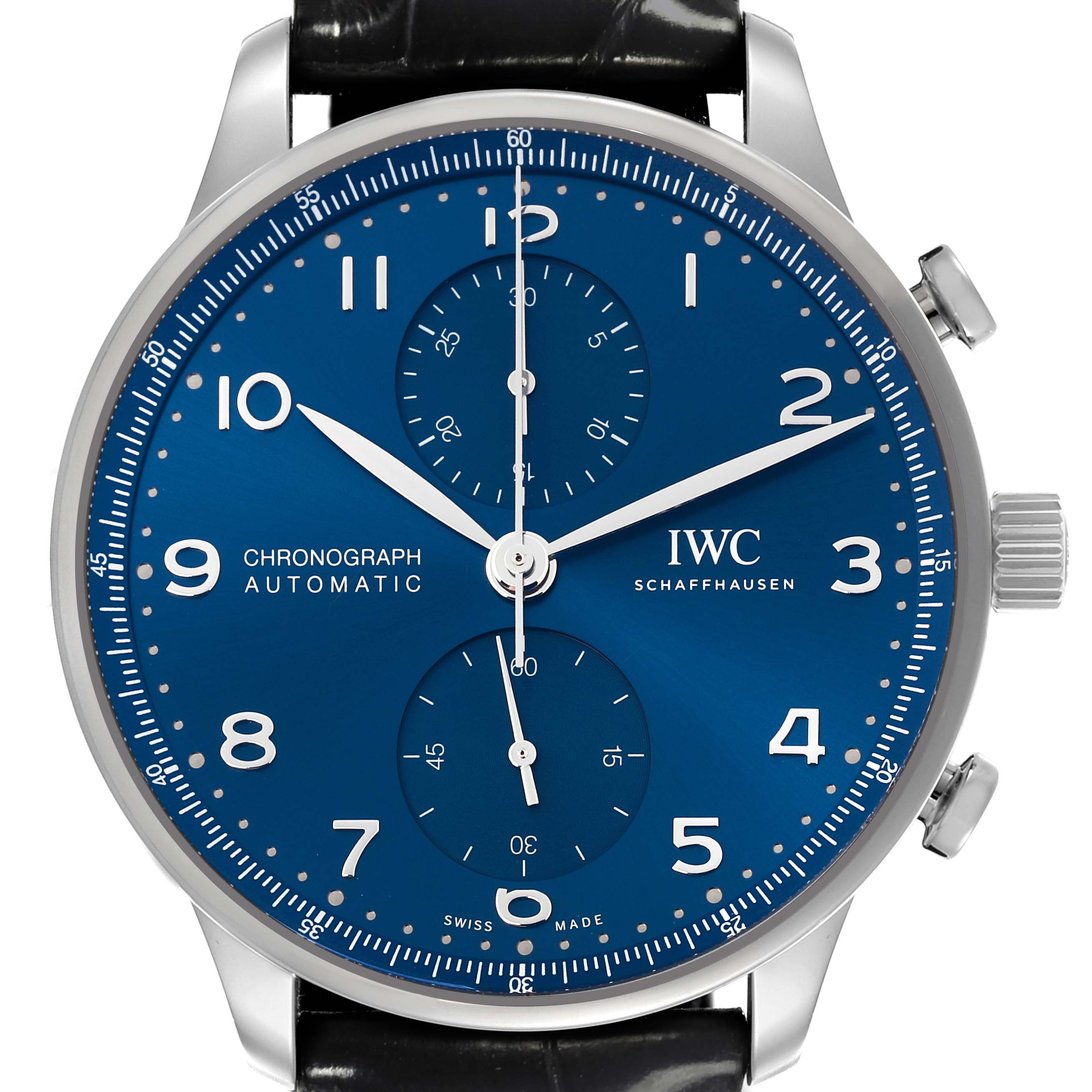 The IWC Portuguese IW371606 Men's Stainless Steel Blue Dial IW371606 Men's Stainless Steel Blue Dial watch is shown from a frontal angle, highlighting its face, subdials, and crown.