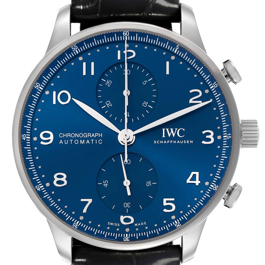 The IWC Portuguese watch is shown from a frontal angle, highlighting its face, subdials, and crown.