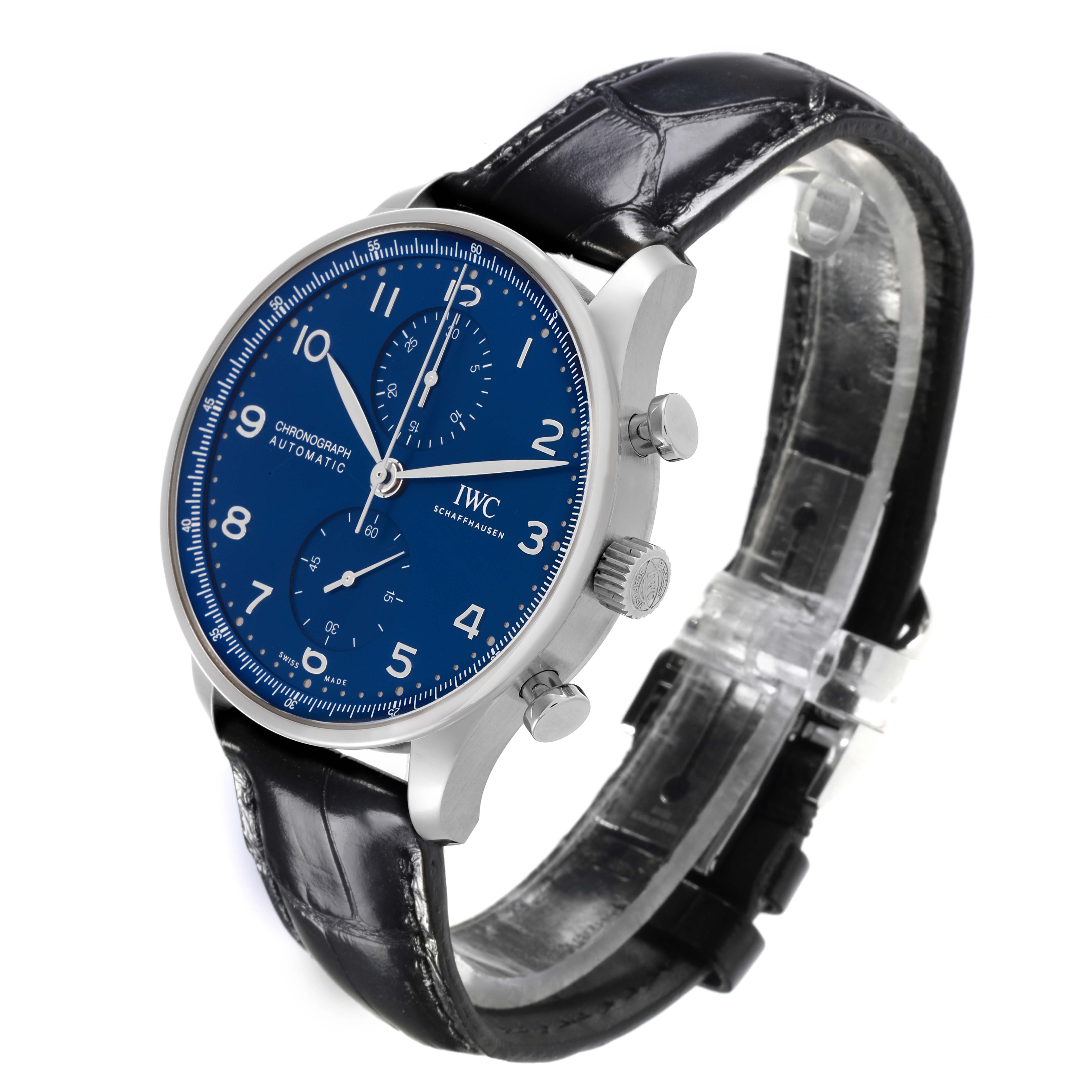 The IWC Portuguese IW371606 Men's Stainless Steel Blue Dial IW371606 Men's Stainless Steel Blue Dial watch is shown at a three-quarter angle, highlighting the blue dial, crown, pushers, and black leather strap.