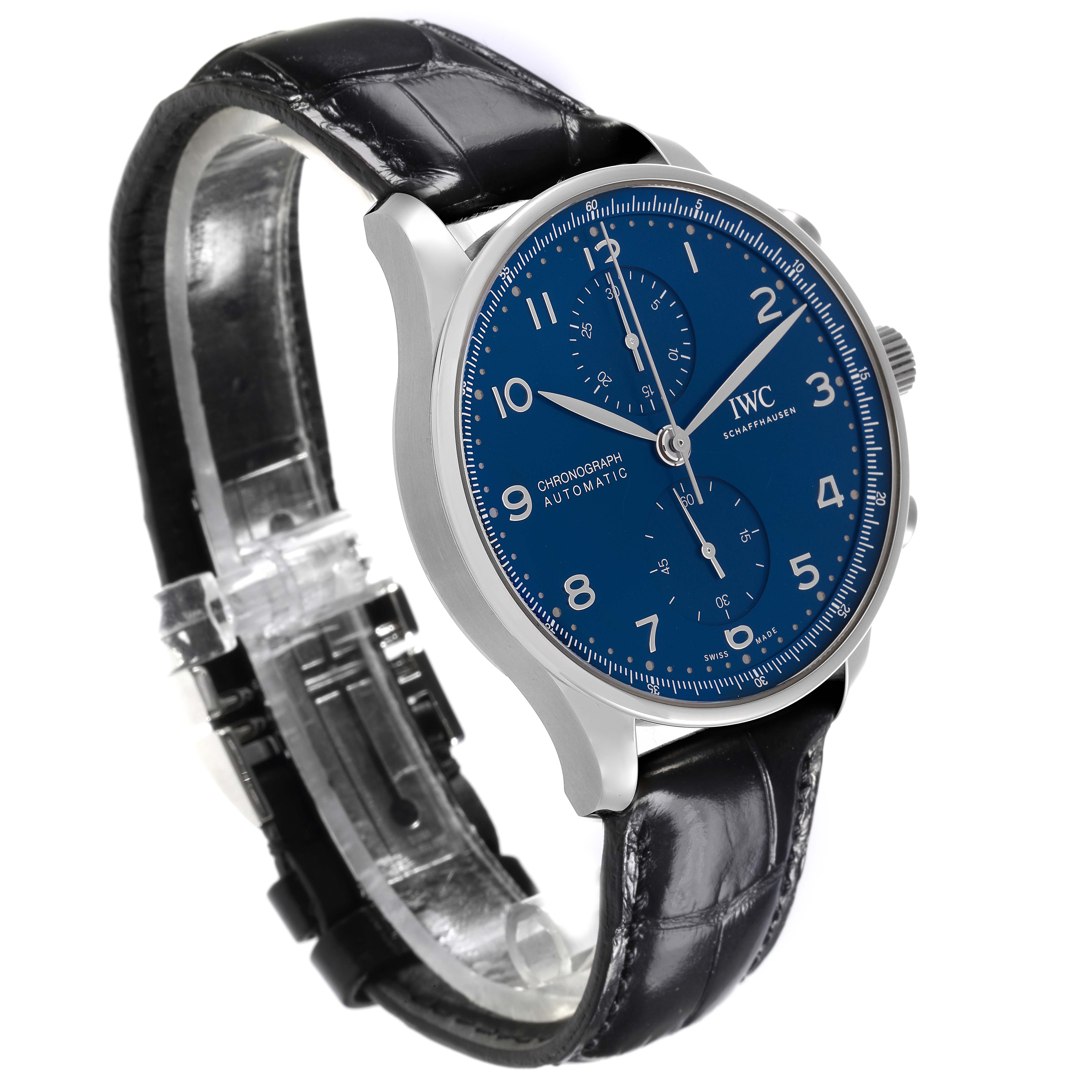 The IWC Portuguese IW371606 Men's Stainless Steel Blue Dial IW371606 Men's Stainless Steel Blue Dial watch is shown at an angle highlighting the face, crown, and black leather strap.