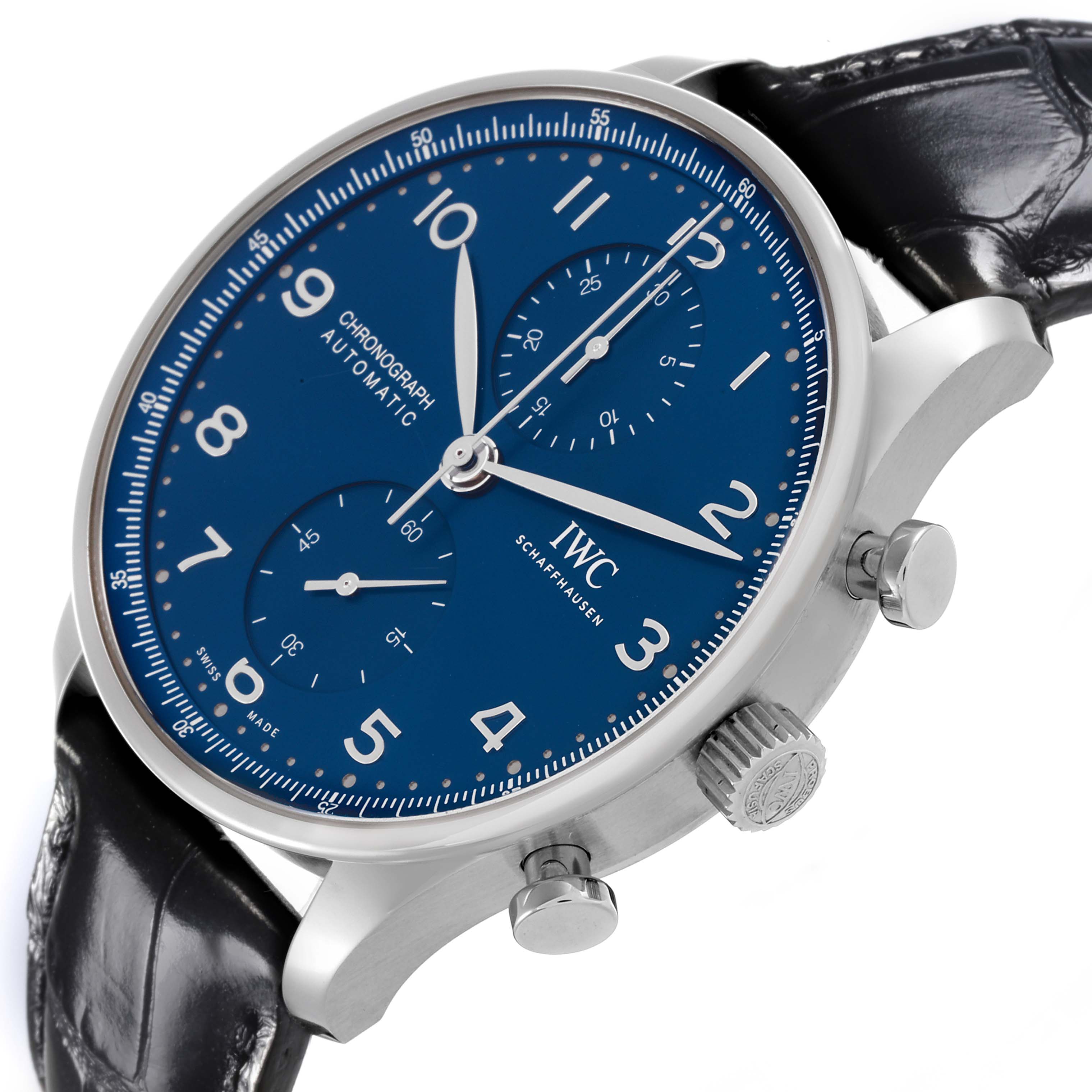 The IWC Portuguese IW371606 Men's Stainless Steel Blue Dial IW371606 Men's Stainless Steel Blue Dial watch is shown at a slight angle, showcasing the blue dial, chronograph subdials, and black leather strap.