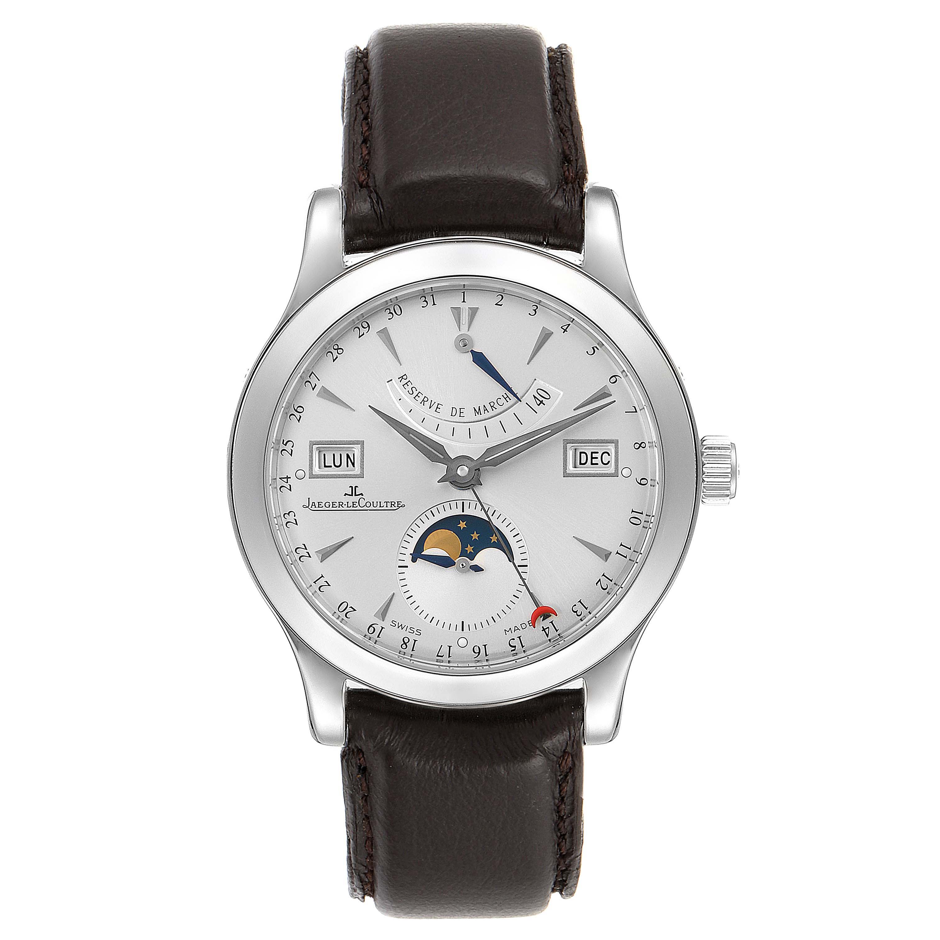 This image shows a front view of the Jaeger-LeCoultre Master watch, displaying the dial, hands, and leather strap.