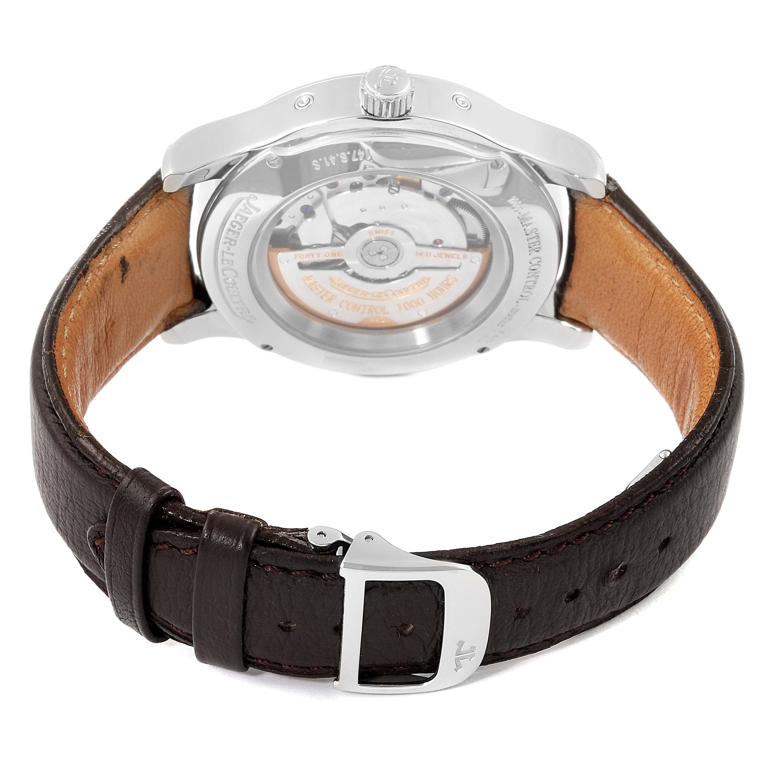 The image shows the back of the Jaeger LeCoultre Master 147.8.41.S Men
s Stainless Steel Silver Dial 147.8.41.S Men
s Stainless Steel Silver Dial model watch, focusing on the movement and leather strap.