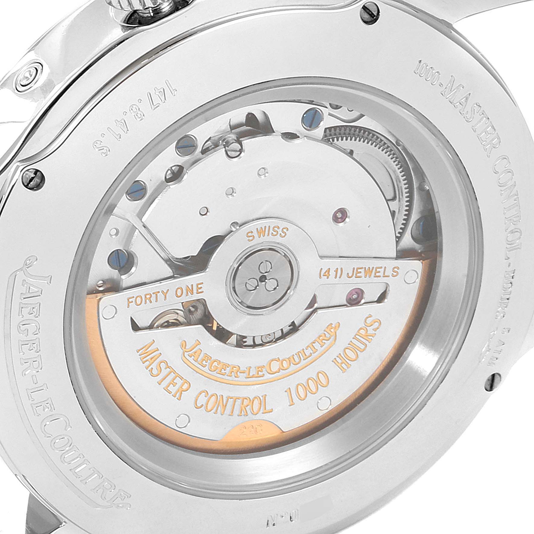 The image shows the back view of a Jaeger LeCoultre Master 147.8.41.S Men
s Stainless Steel Silver Dial 147.8.41.S Men
s Stainless Steel Silver Dial model, displaying the movement and engravings.