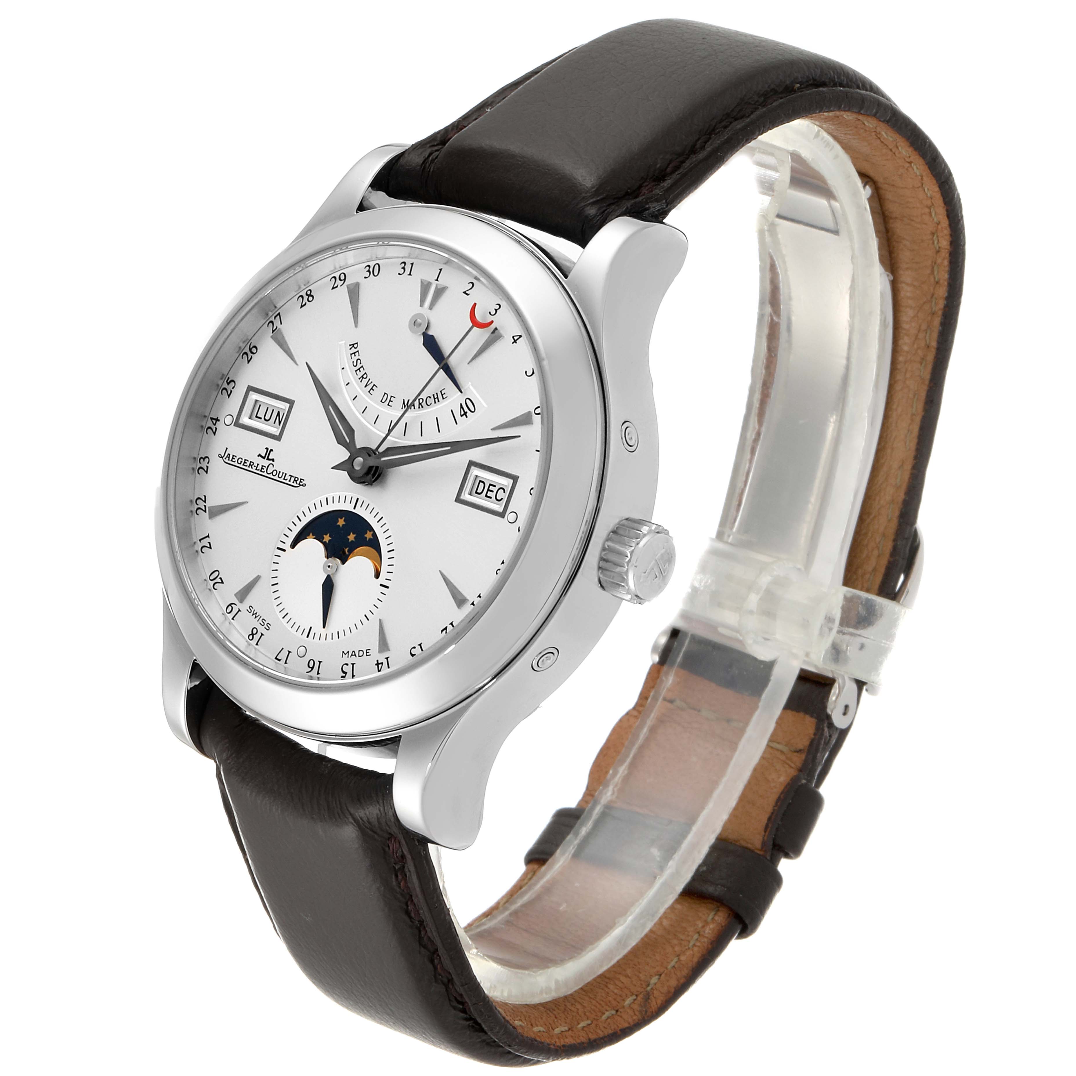 The Jaeger-LeCoultre Master model watch is shown at a three-quarter angle, displaying the dial, crown, and leather strap.