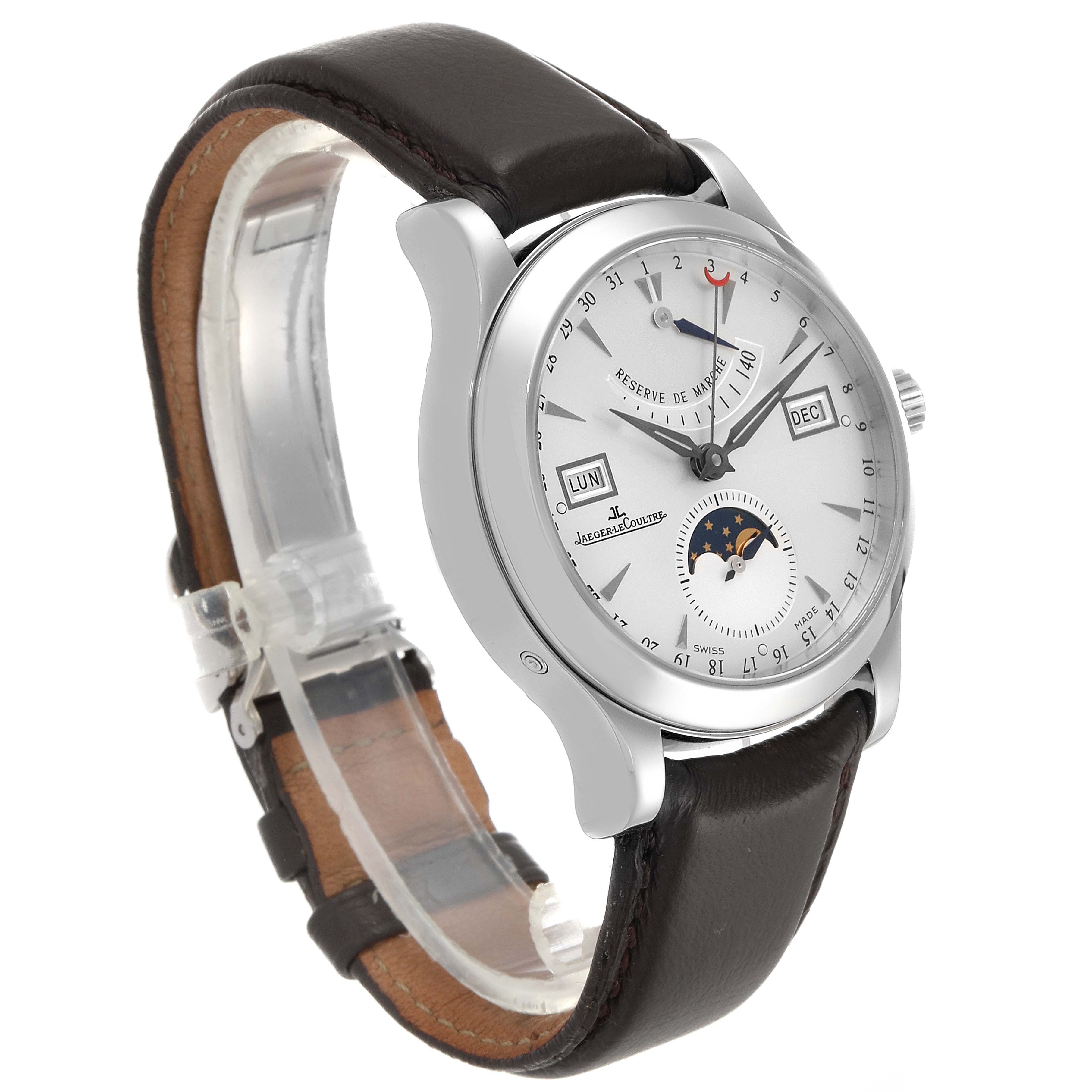 The image shows a side angle of the Jaeger-LeCoultre Master model watch, highlighting the dial, moon phase, and leather strap.