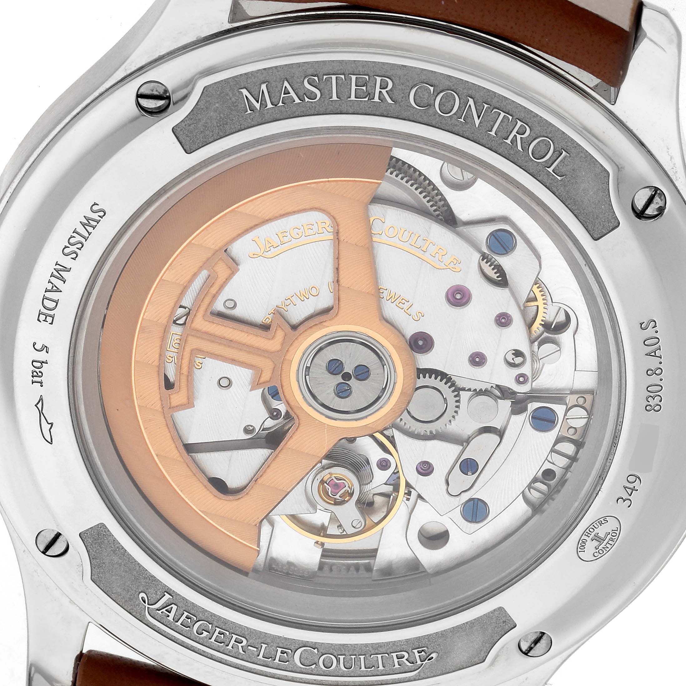 The image shows the back of the Jaeger LeCoultre Master Q4018420 Men's Stainless Steel Silver Dial watch, highlighting its intricate mechanical movement.