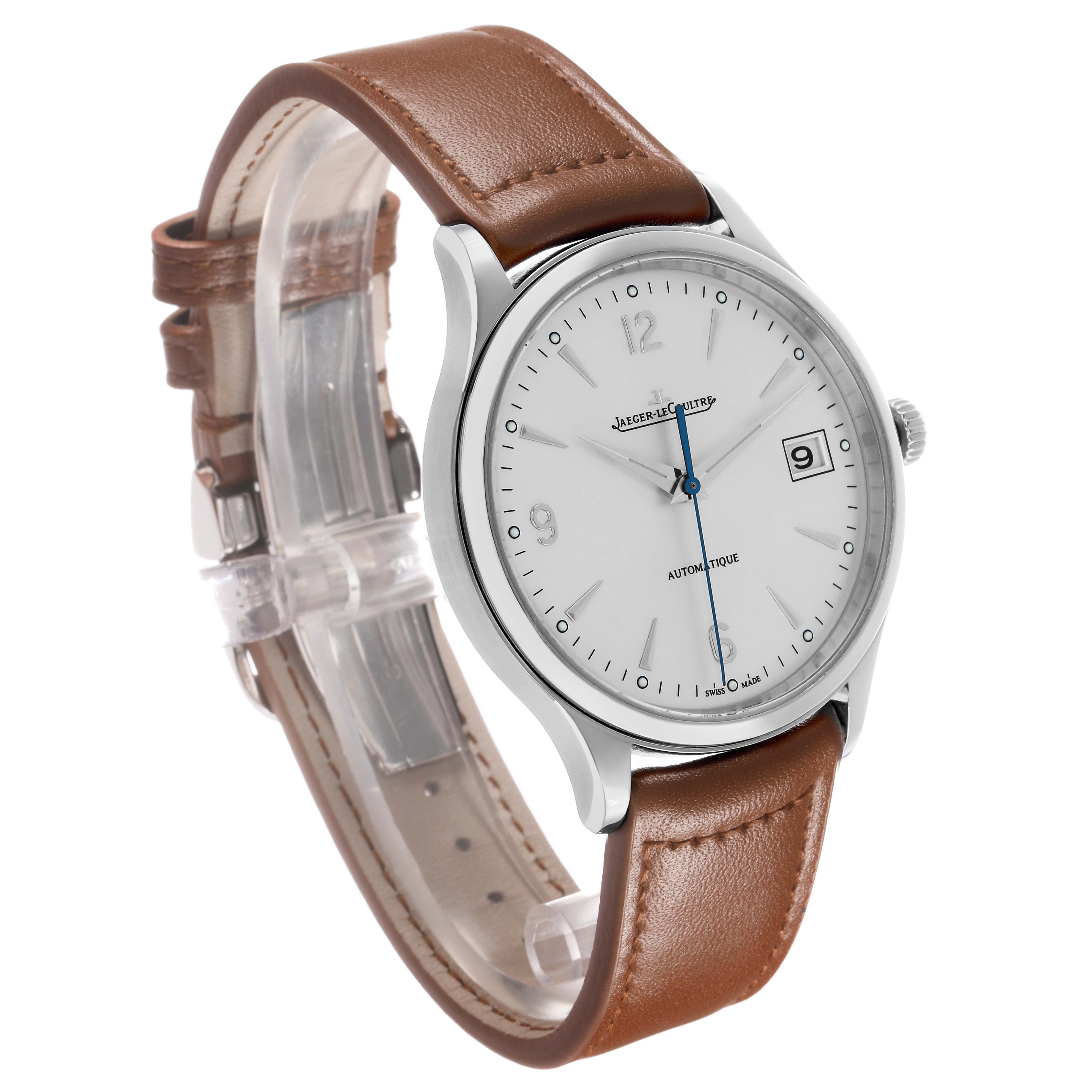 The Jaeger LeCoultre Master Q4018420 Men's Stainless Steel Silver Dial watch is shown at a slight angle, highlighting the face, crown, and brown leather strap.