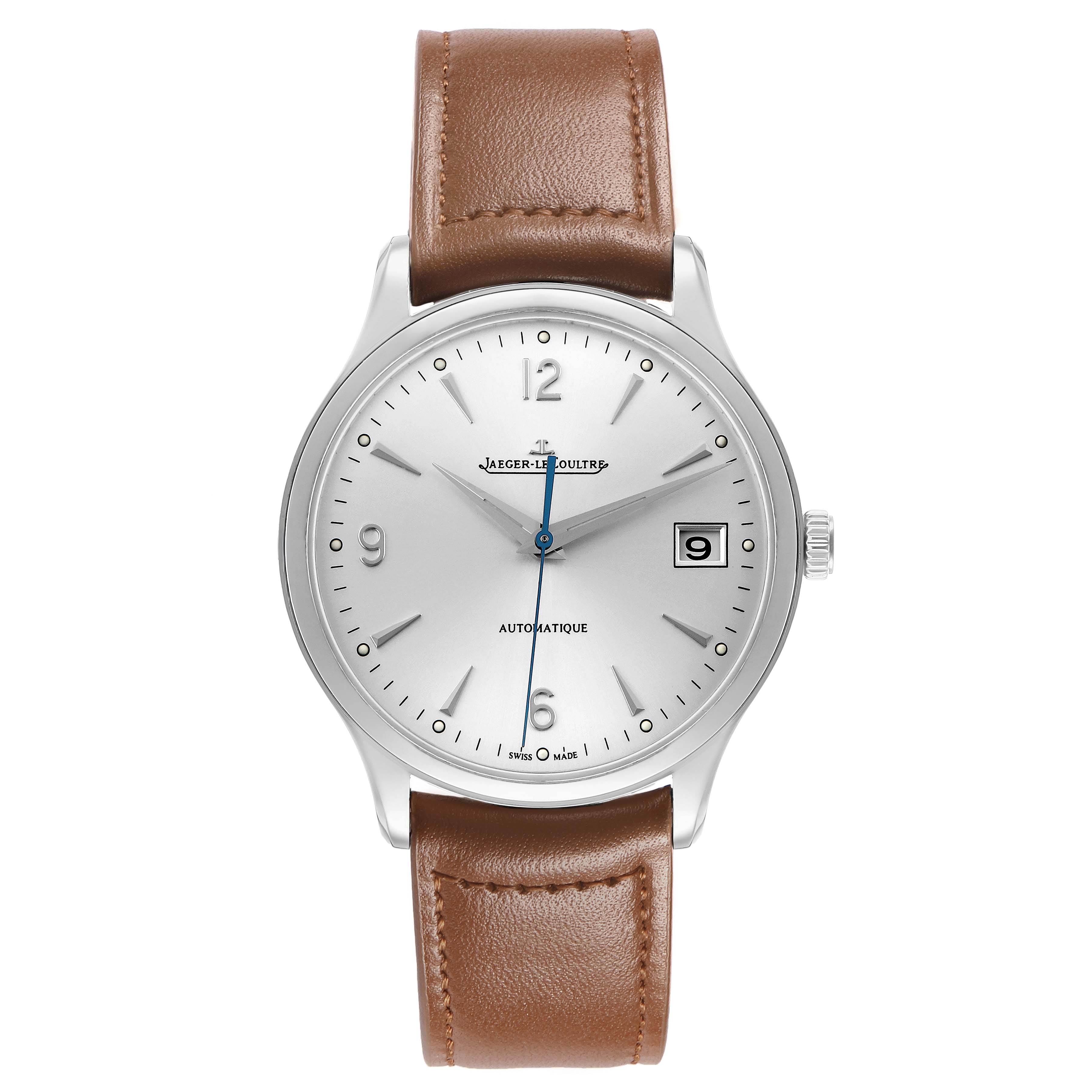 The Jaeger-LeCoultre Master watch is shown from a front view, highlighting its silver dial, brown leather strap, and date window.