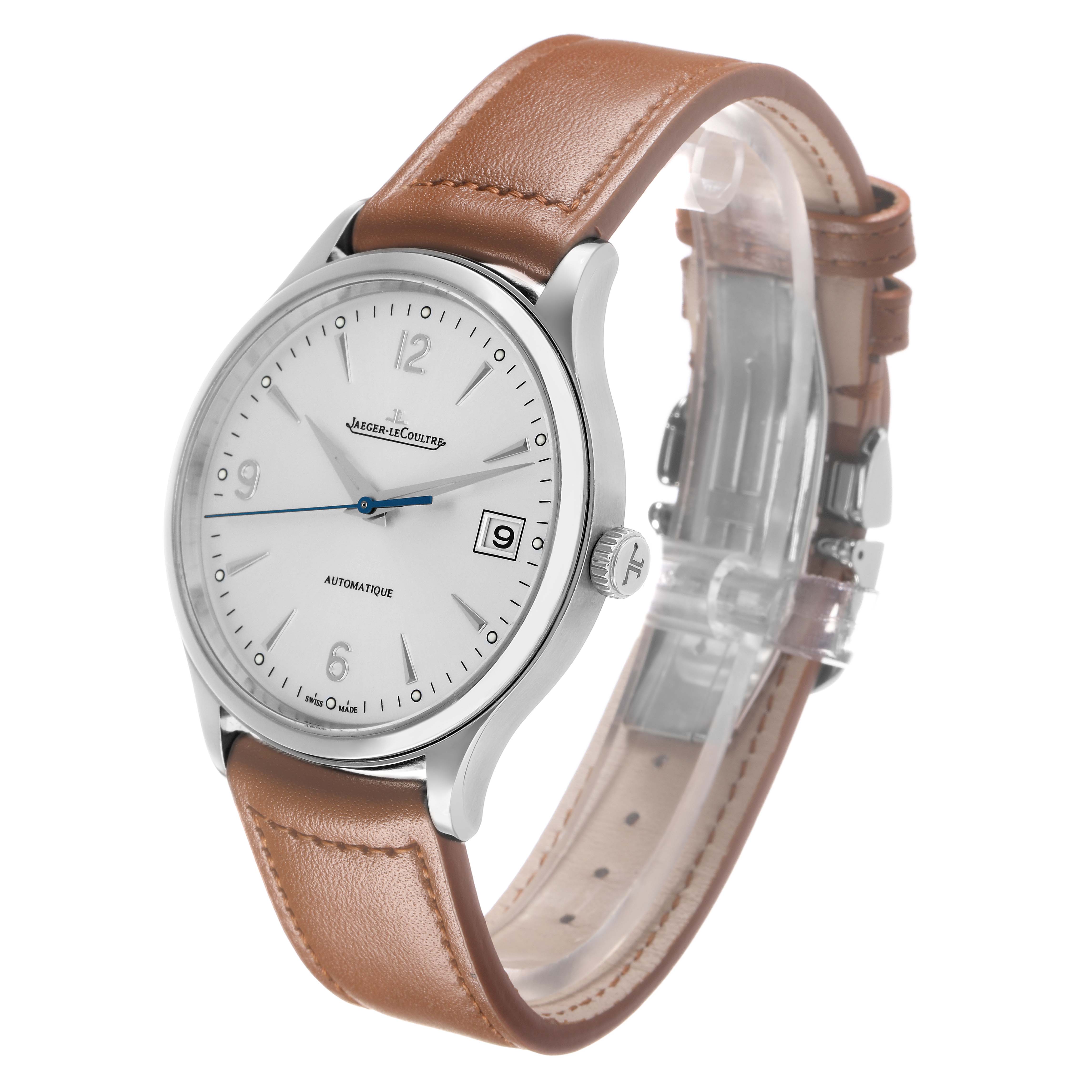 The Jaeger LeCoultre Master Q4018420 Men's Stainless Steel Silver Dial watch is shown at a slight angle, highlighting the face, crown, and tan leather strap.
