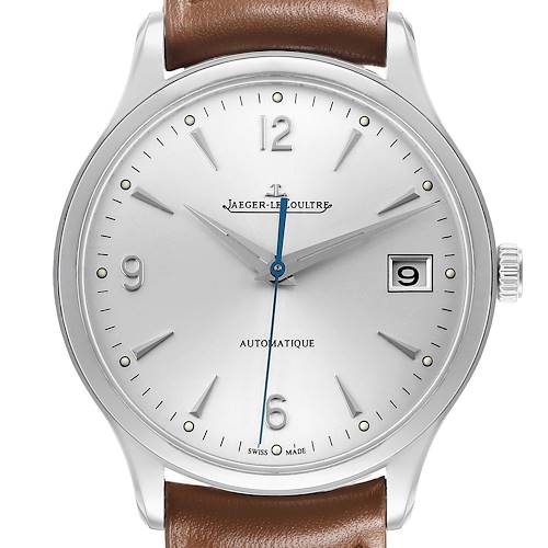 The Jaeger LeCoultre Master Q4018420 Men's Stainless Steel Silver Dial watch is shown from the front, highlighting the dial, hands, date, and part of the leather strap.