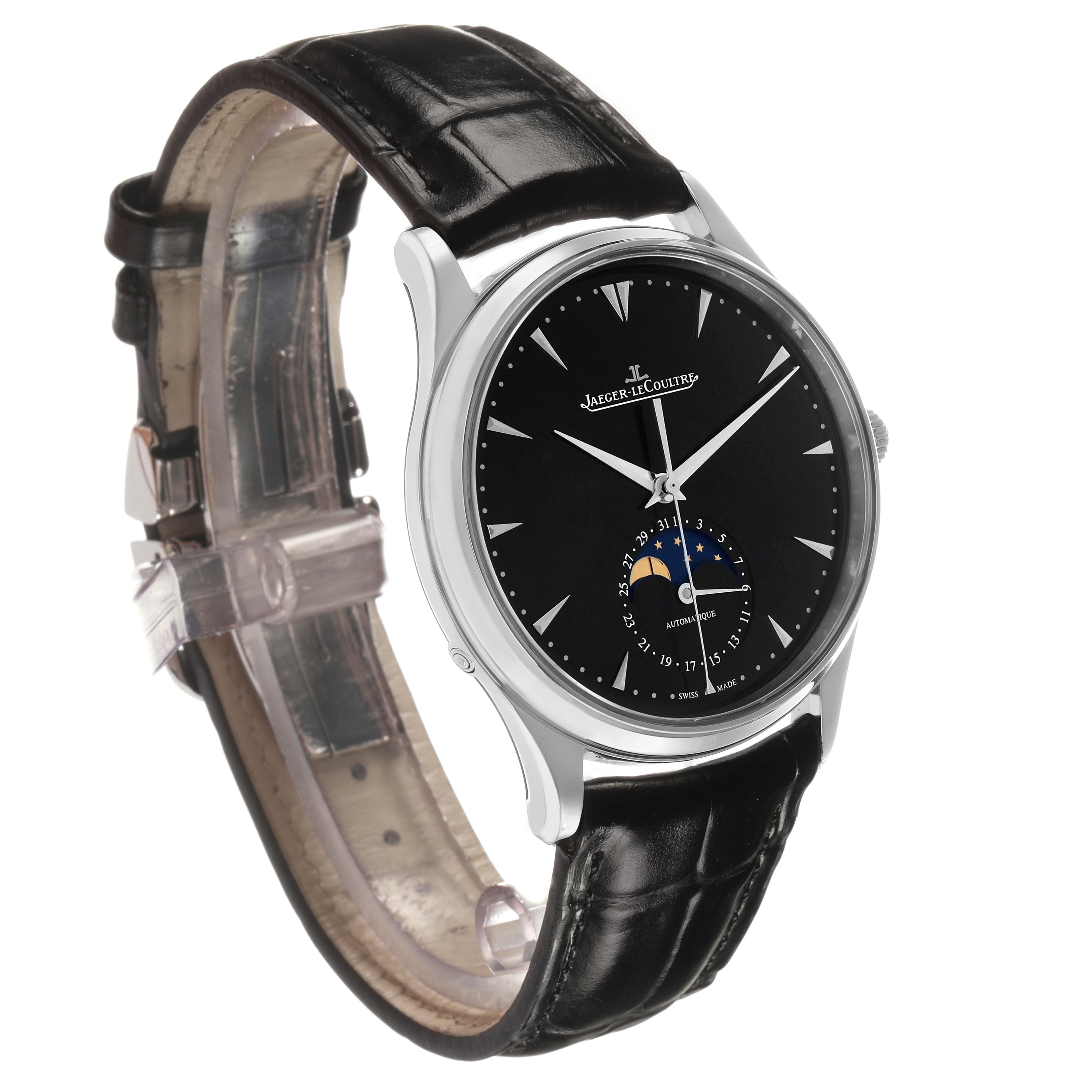 The Jaeger-LeCoultre Master watch is shown at a three-quarter angle displaying the face, black leather strap, and moon phase feature.