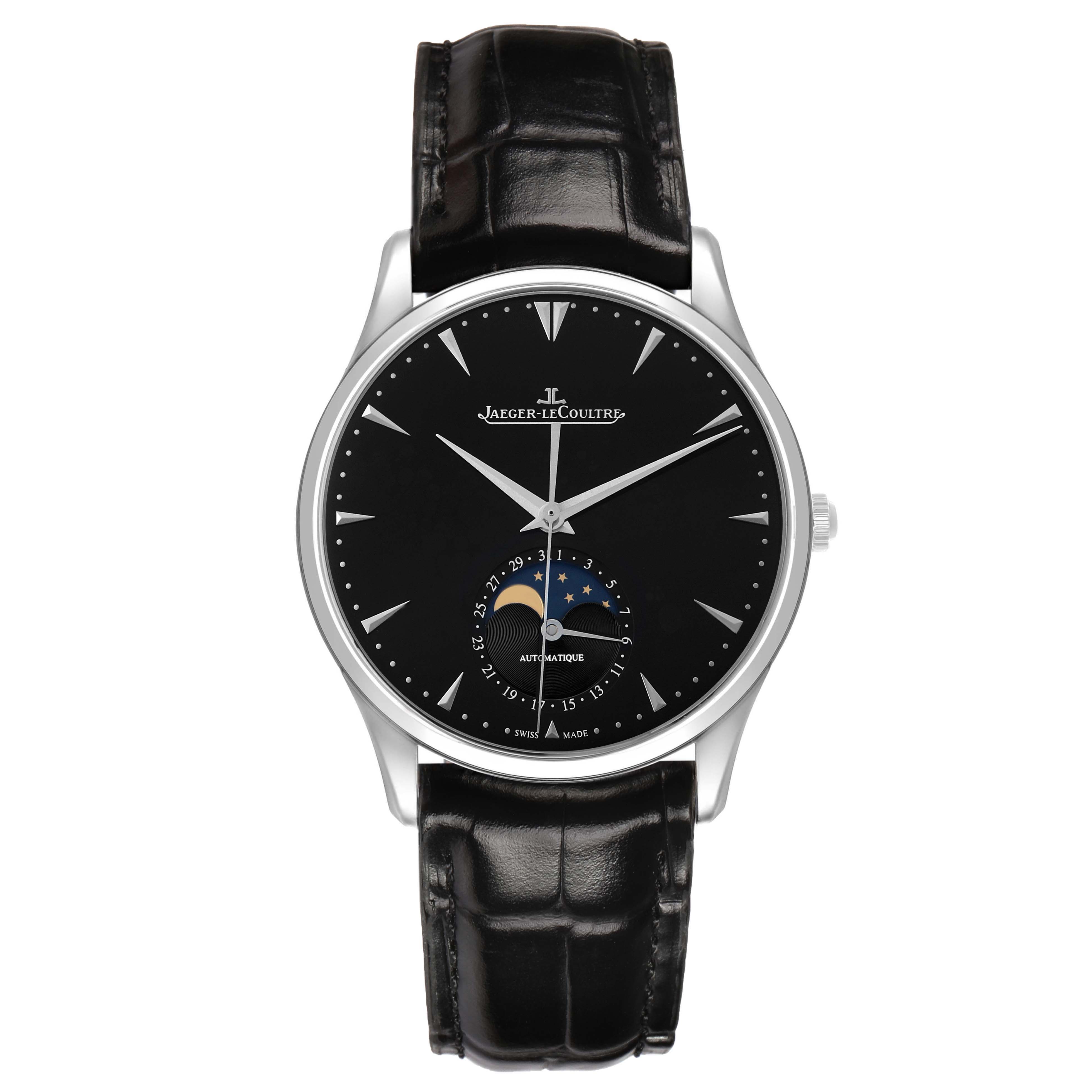 The Jaeger-LeCoultre Master watch is shown from the front, displaying the dial, moon phase, date subdial, and black leather strap.