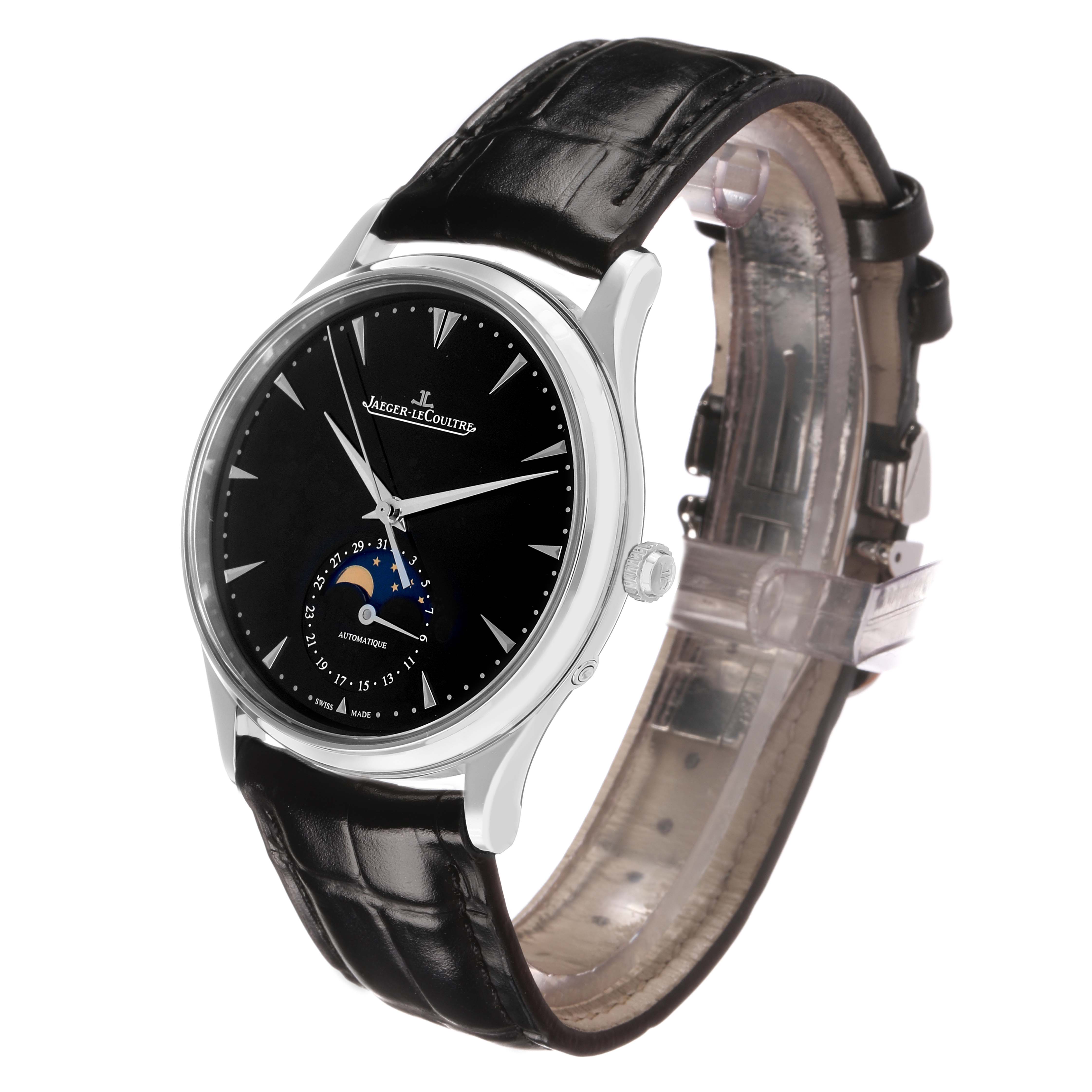 The Jaeger-LeCoultre Master watch is shown at a slightly angled side view, displaying the dial, crown, and leather strap.