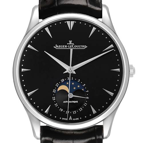 The Jaeger-LeCoultre Master watch is shown from the front, highlighting the black dial, moon phase, and silver hands.