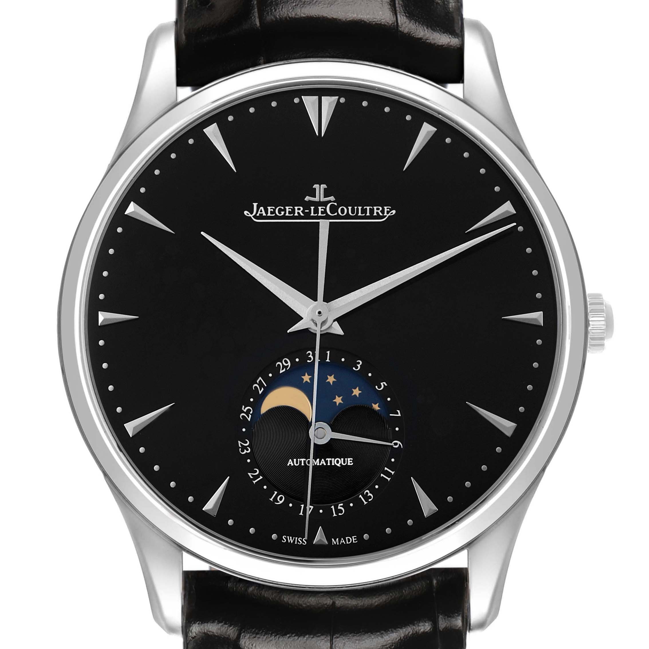 The Jaeger-LeCoultre Master watch is shown from a front angle, highlighting the dial and moon phase feature.