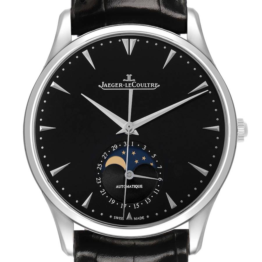 The Jaeger-LeCoultre Master watch is shown from a front angle, highlighting the dial and moon phase feature.