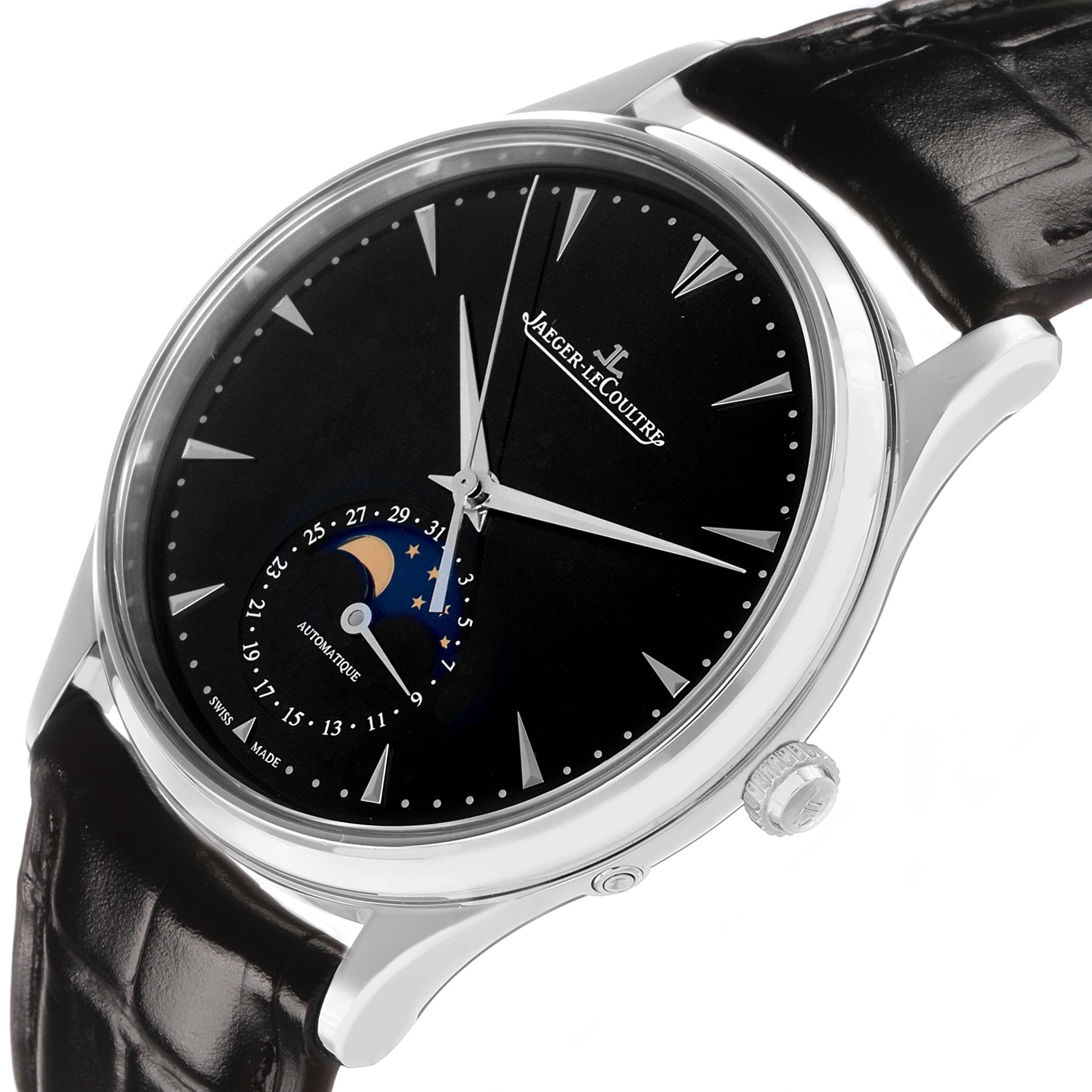 The Jaeger LeCoultre Master Q1368470 Men's Stainless Steel Black Dial watch is shown at a slight angle displaying the dial, moon phase, crown, and leather strap.