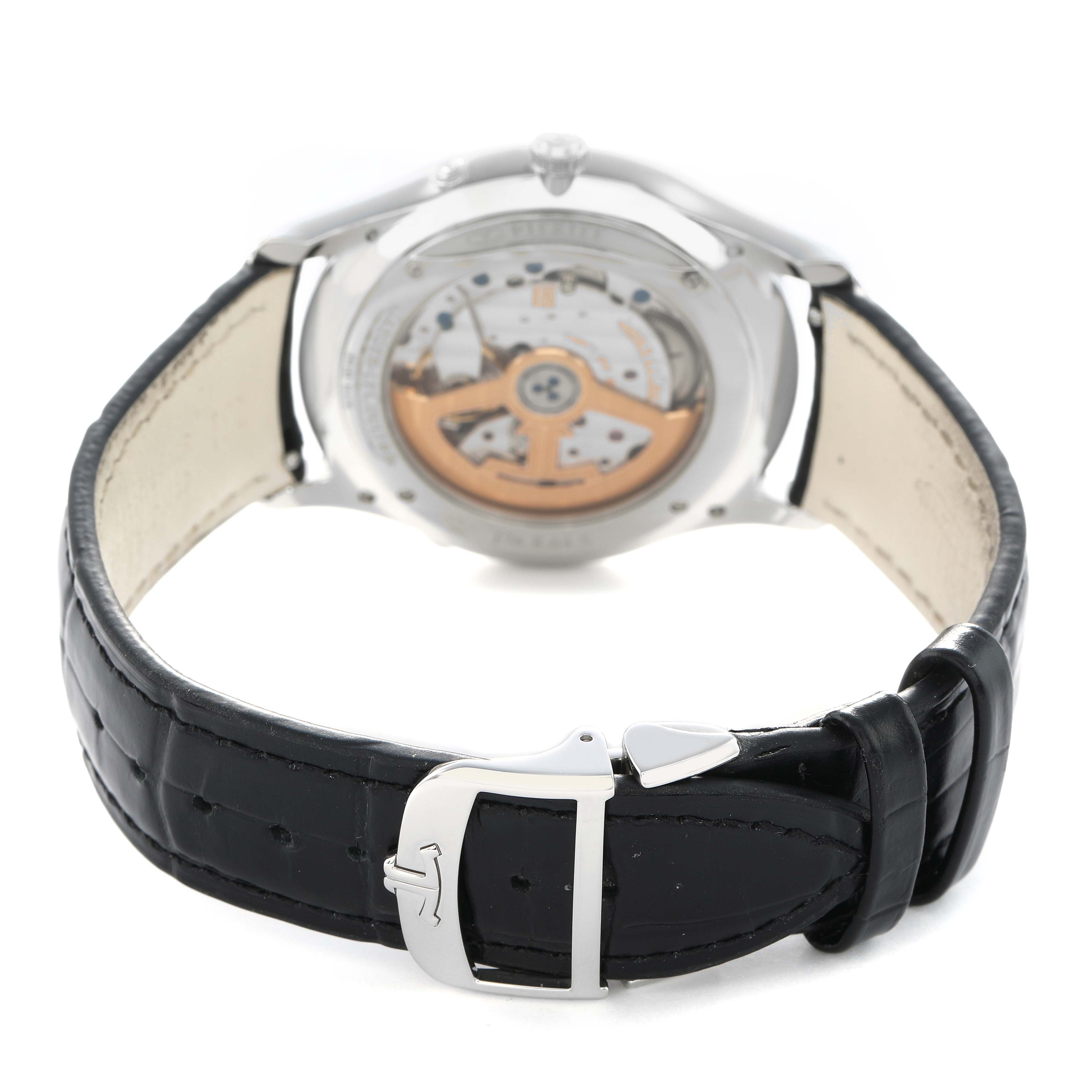 The image shows the back of the Jaeger LeCoultre Master Q1368470 Men's Stainless Steel Black Dial model, highlighting the movement and clasp on the leather strap.
