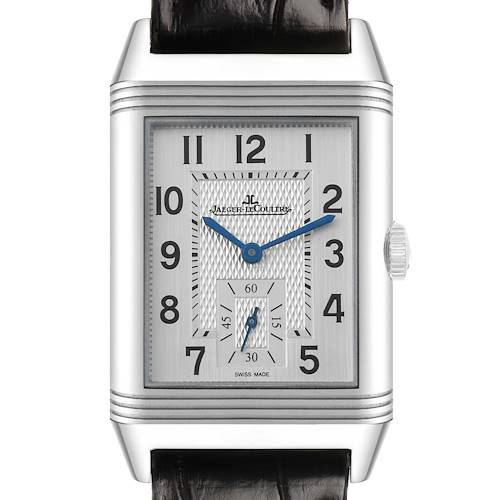 The Jaeger LeCoultre Reverso Q3848420 Men's Stainless Steel Silver Dial watch is shown from the front, highlighting the dial, hands, numerals, and side crown.