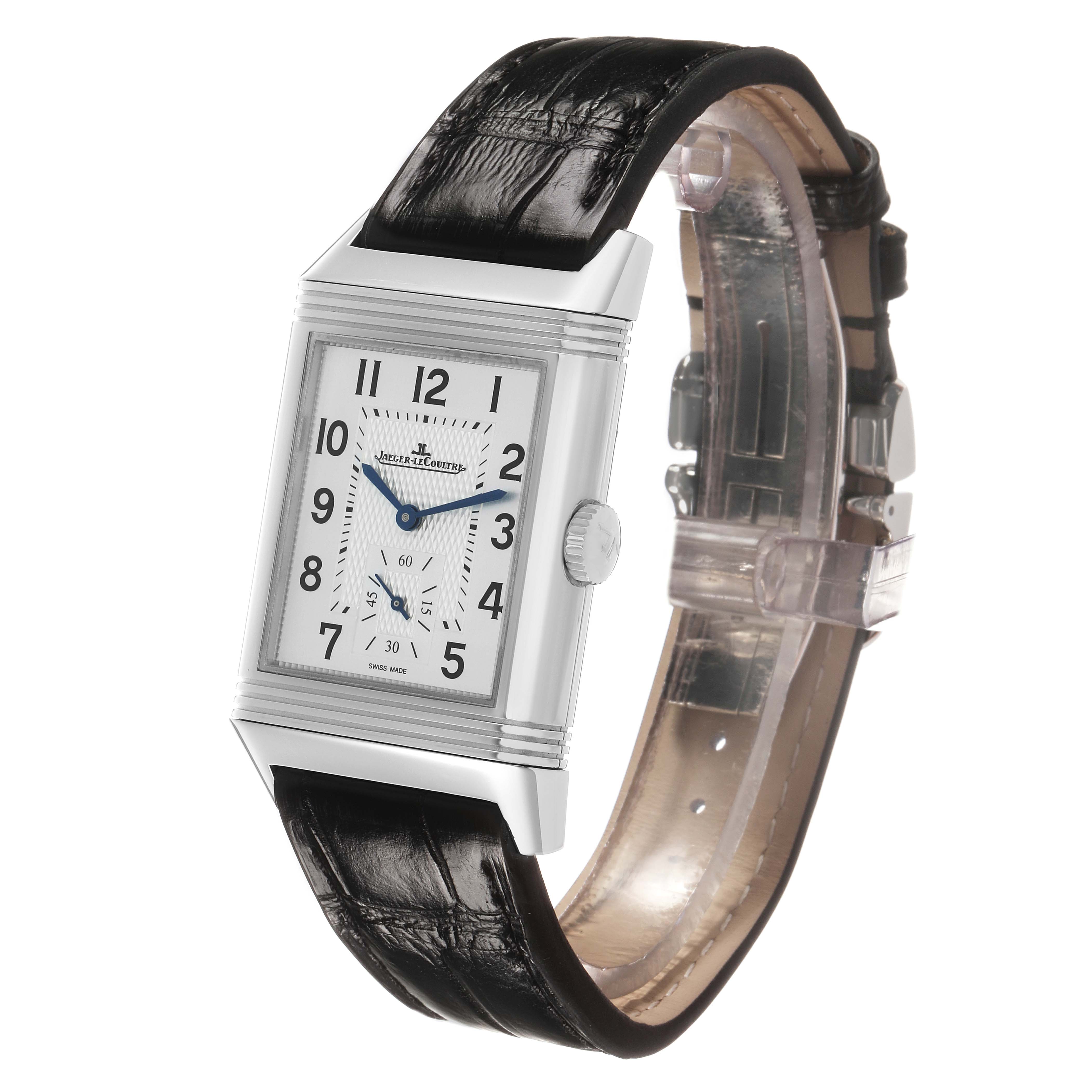 The image shows the Jaeger-LeCoultre Reverso model at a slight angle highlighting the face, case side, and leather strap.