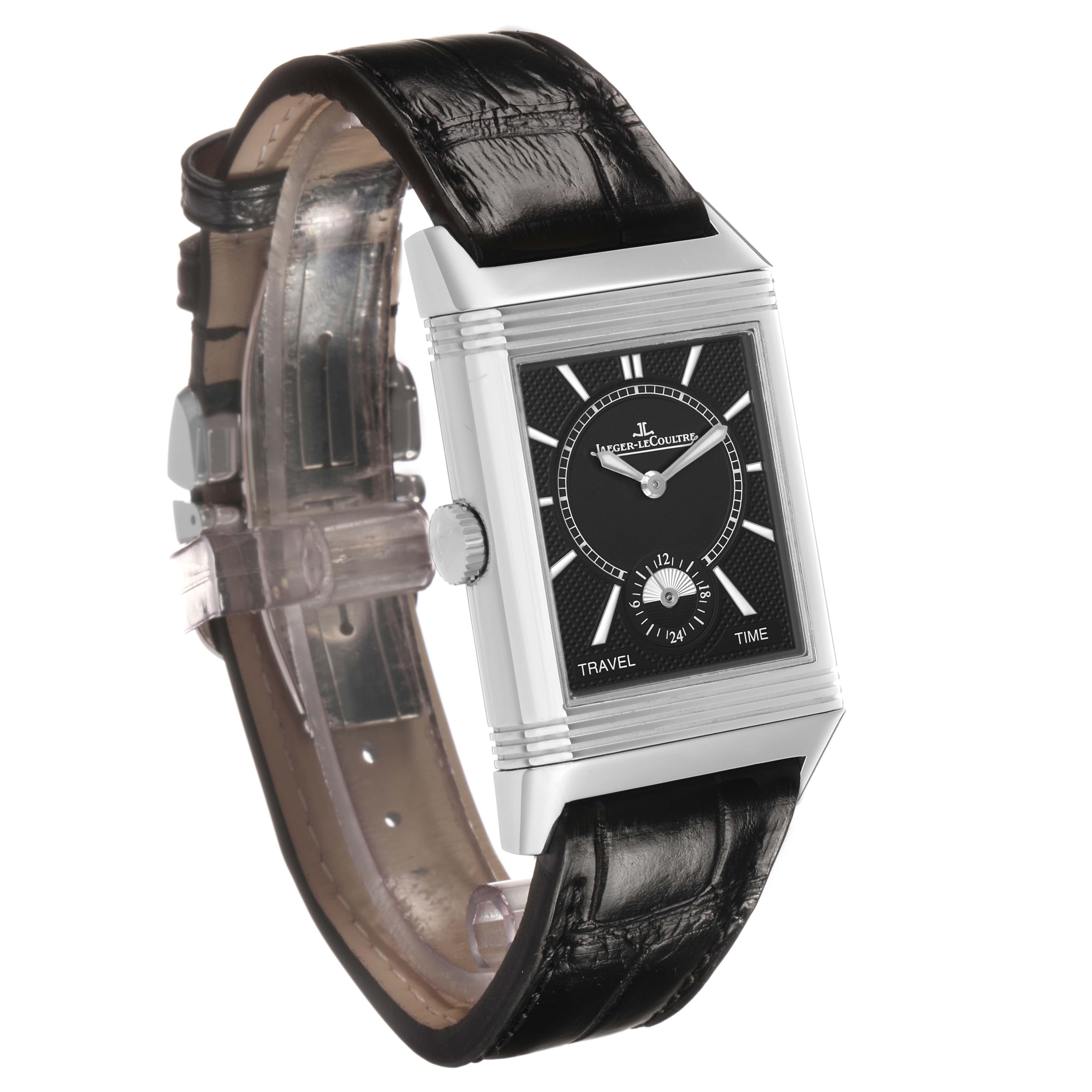 The Jaeger LeCoultre Reverso Q3848420 Men's Stainless Steel Silver Dial watch is shown at a three-quarter angle, highlighting its rectangular case and black leather strap.