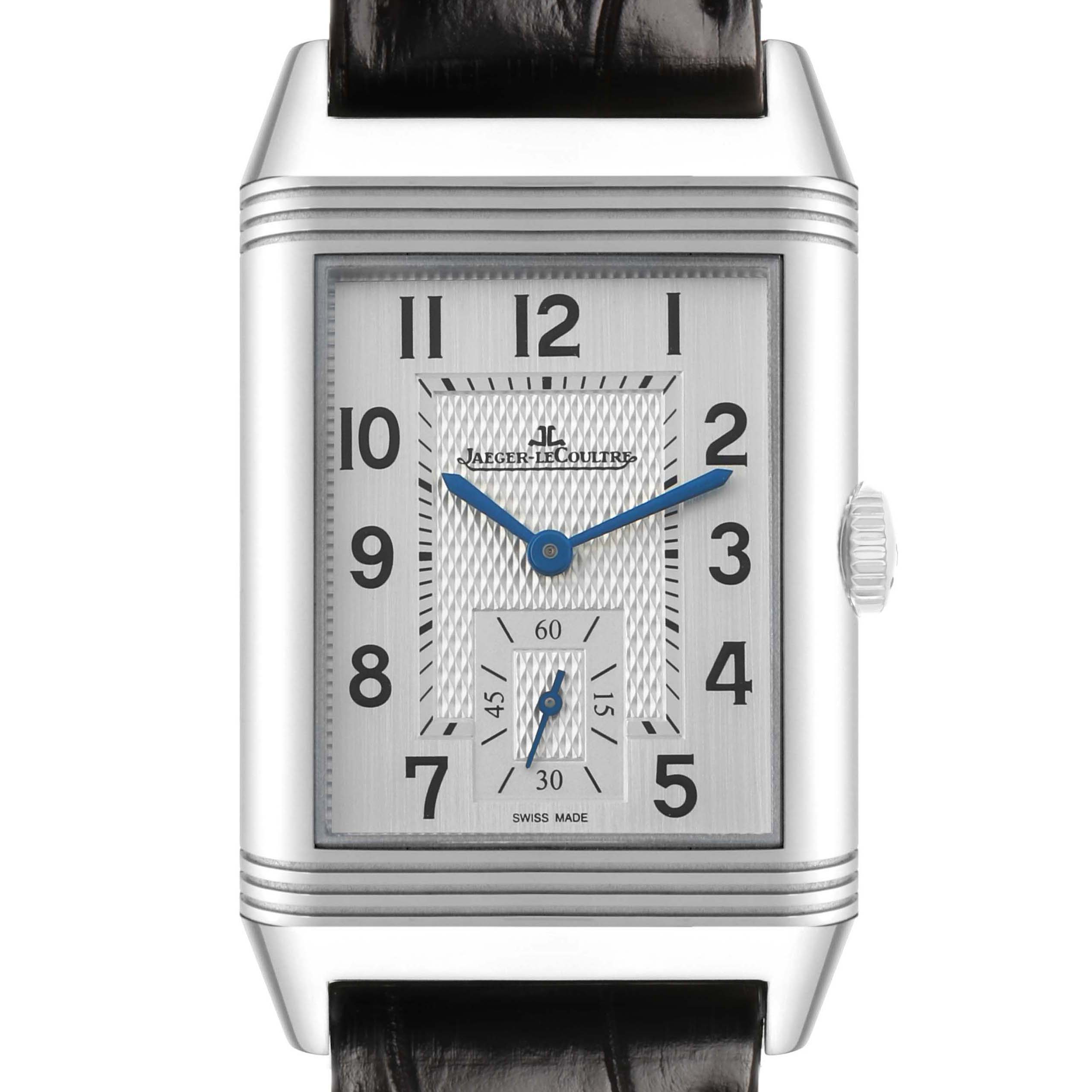 The Jaeger-LeCoultre Reverso watch is shown from the front, highlighting the face, crown, and leather strap.