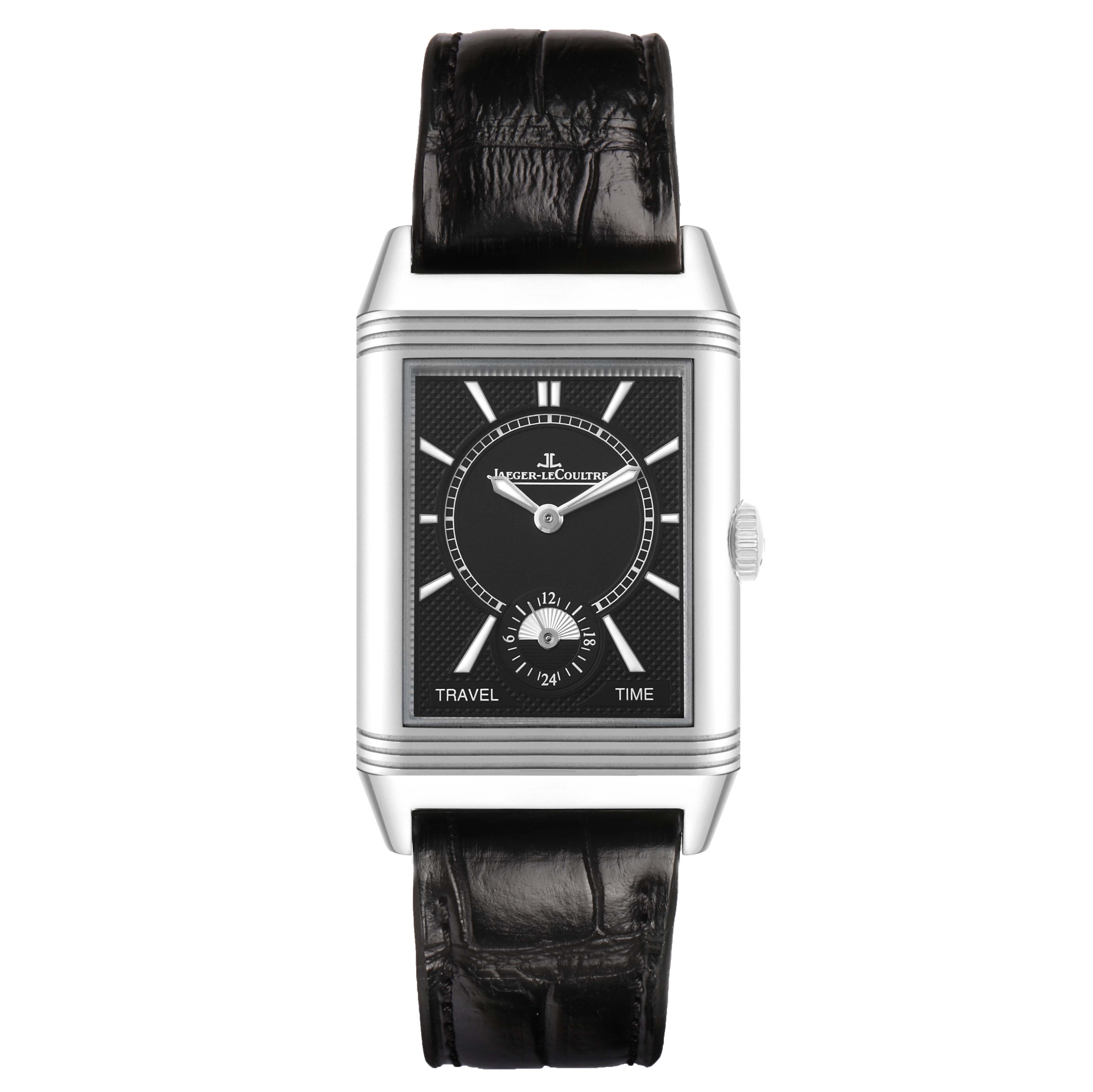 This image shows a frontal view of the Jaeger LeCoultre Reverso Q3848420 Men's Stainless Steel Silver Dial model, highlighting the watch face, case, and leather strap.