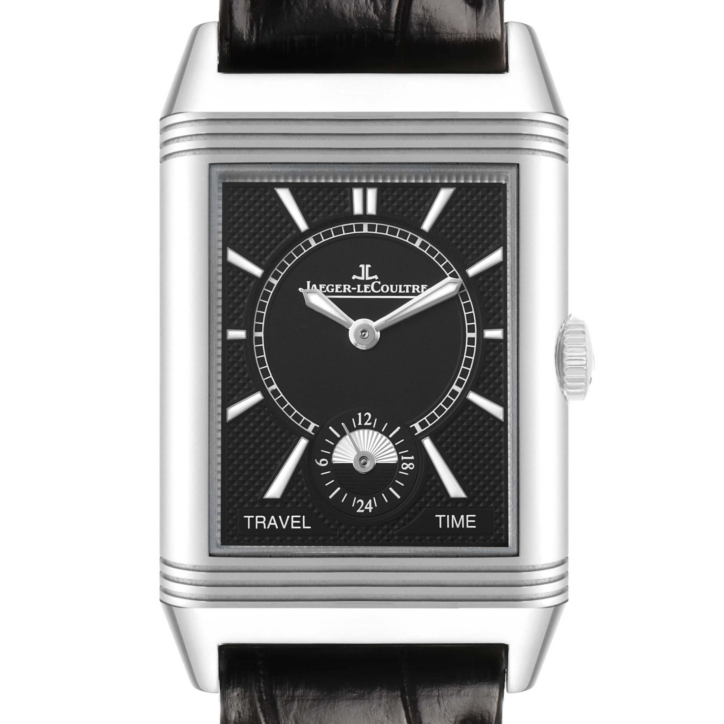 The watch is a Jaeger-LeCoultre Reverso model shown from a front angle, displaying the dial, crown, and part of the strap.