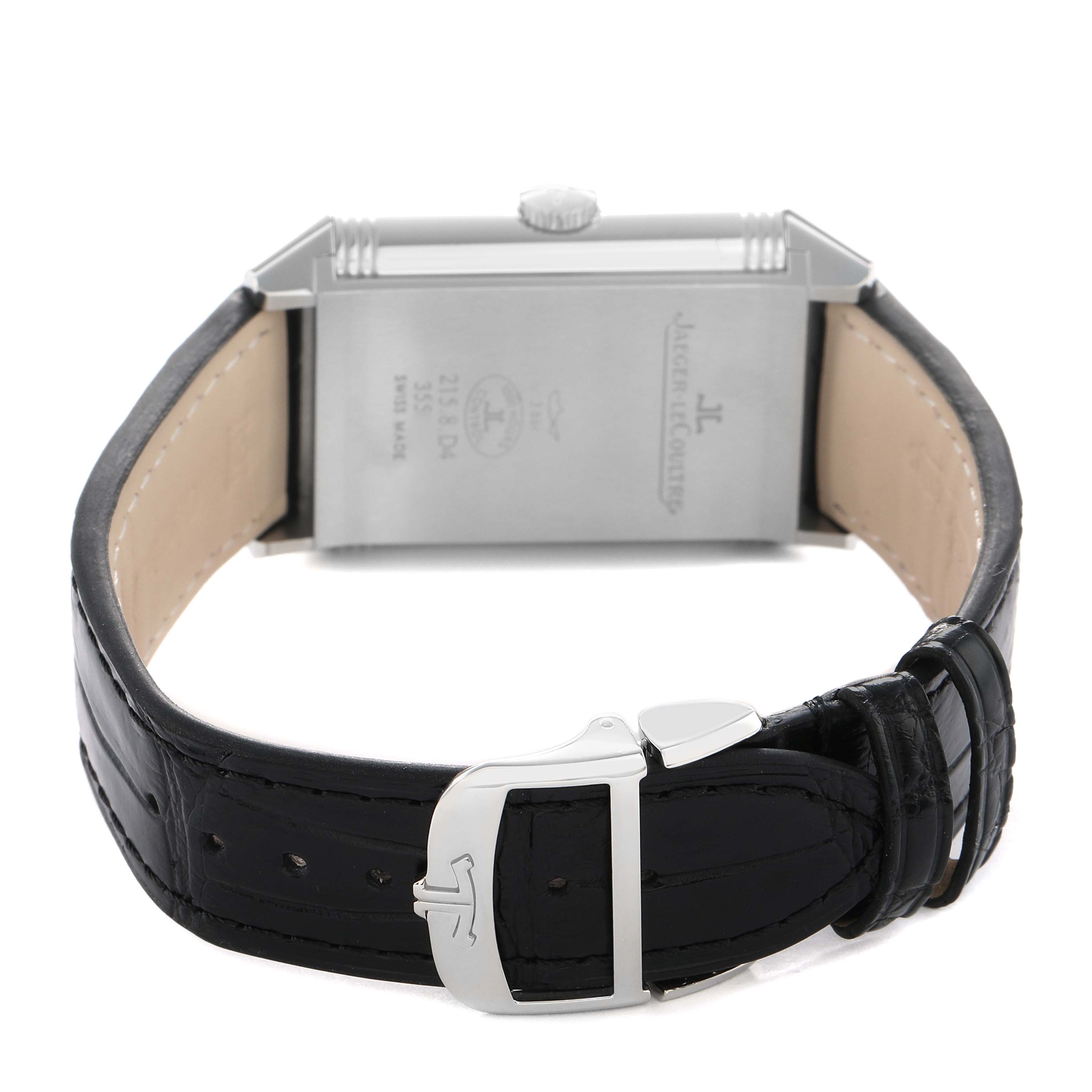 The image shows the back of a Jaeger LeCoultre Reverso Q3848420 Men's Stainless Steel Silver Dial watch, highlighting the clasp, strap, and case back.