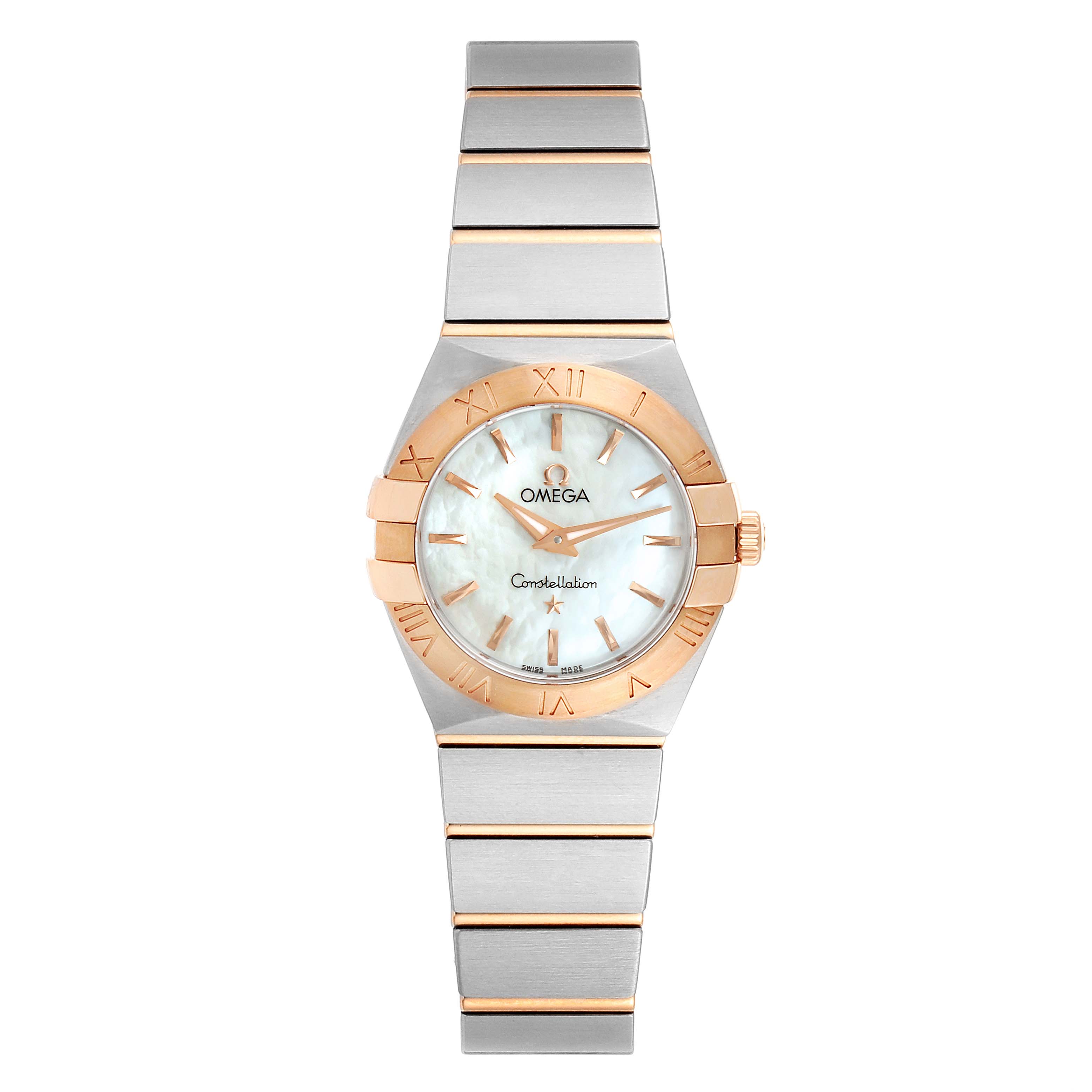 This image shows a front view of the Omega 123.20.24.60.05.001 Women
s Steel and Gold (two tone) Mother of Pearl Dial 123.20.24.60.05.001 Women
s Steel and Gold (two tone) Mother of Pearl Dial Constellation MOP Steel Rose Gold Ladies Watch 123.20.24.60.05.001 model.
