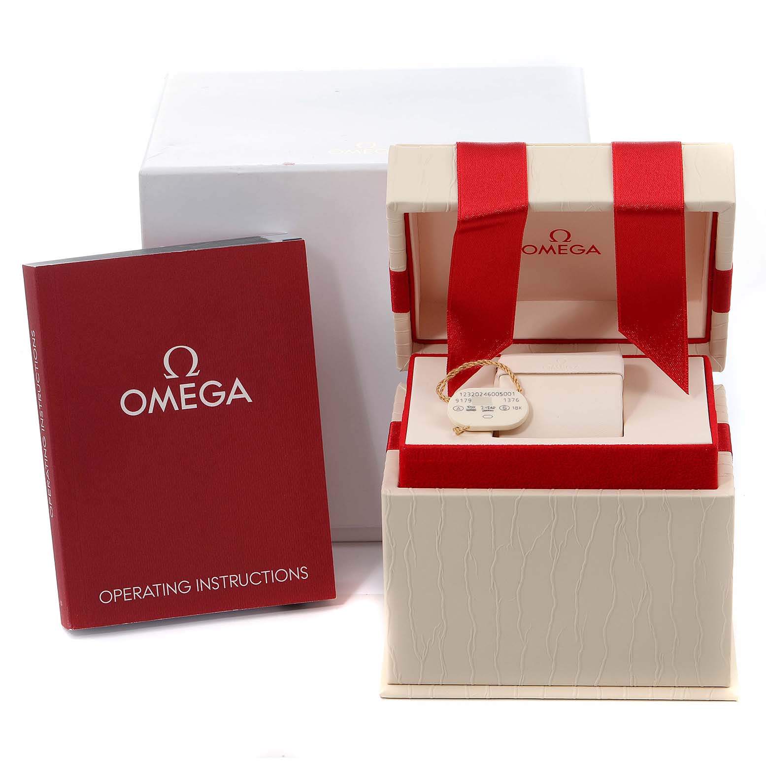 The image shows an Omega 123.20.24.60.05.001 Women
s Steel and Gold (two tone) Mother of Pearl Dial 123.20.24.60.05.001 Women
s Steel and Gold (two tone) Mother of Pearl Dial Constellation MOP Steel Rose Gold Ladies Watch 123.20.24.60.05.001 with its box and operating instructions.