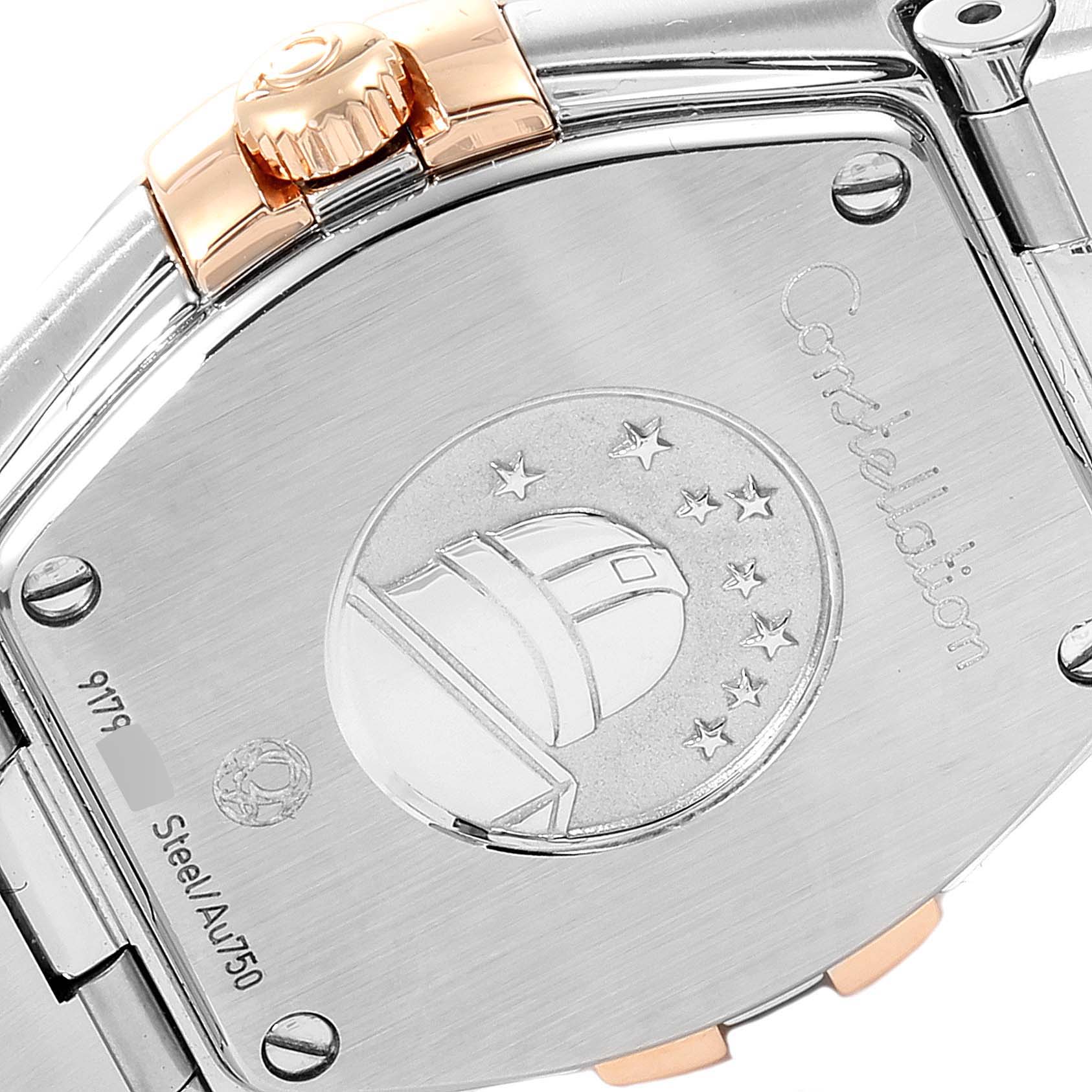 This image shows the backside and clasp of the Omega 123.20.24.60.05.001 Women
s Steel and Gold (two tone) Mother of Pearl Dial 123.20.24.60.05.001 Women
s Steel and Gold (two tone) Mother of Pearl Dial Constellation MOP Steel Rose Gold Ladies Watch 123.20.24.60.05.001.