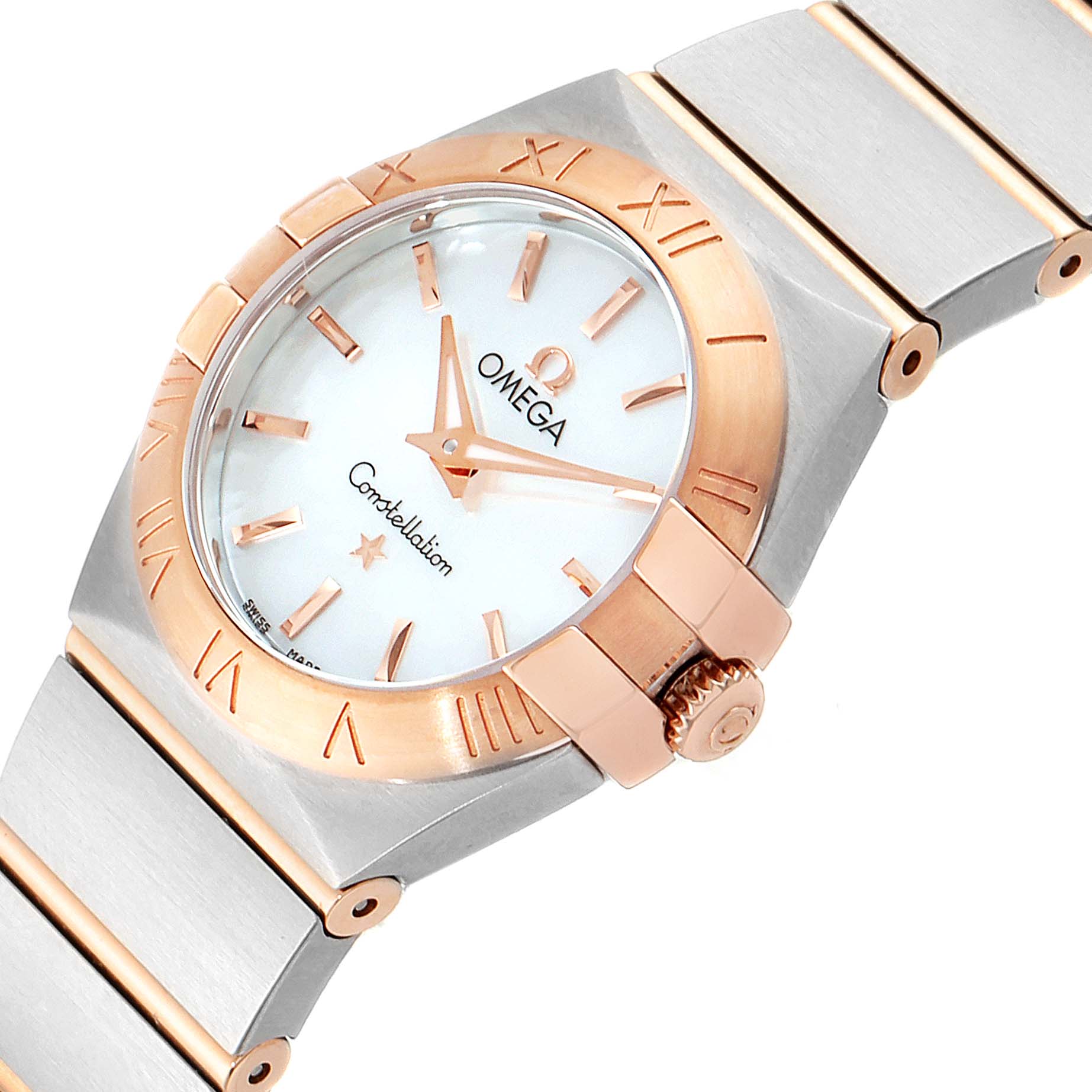 The image shows a close-up of the Omega 123.20.24.60.05.001 Women
s Steel and Gold (two tone) Mother of Pearl Dial 123.20.24.60.05.001 Women
s Steel and Gold (two tone) Mother of Pearl Dial Constellation MOP Steel Rose Gold Ladies Watch 123.20.24.60.05.001, highlighting its face, bezel, and part of the bracelet.