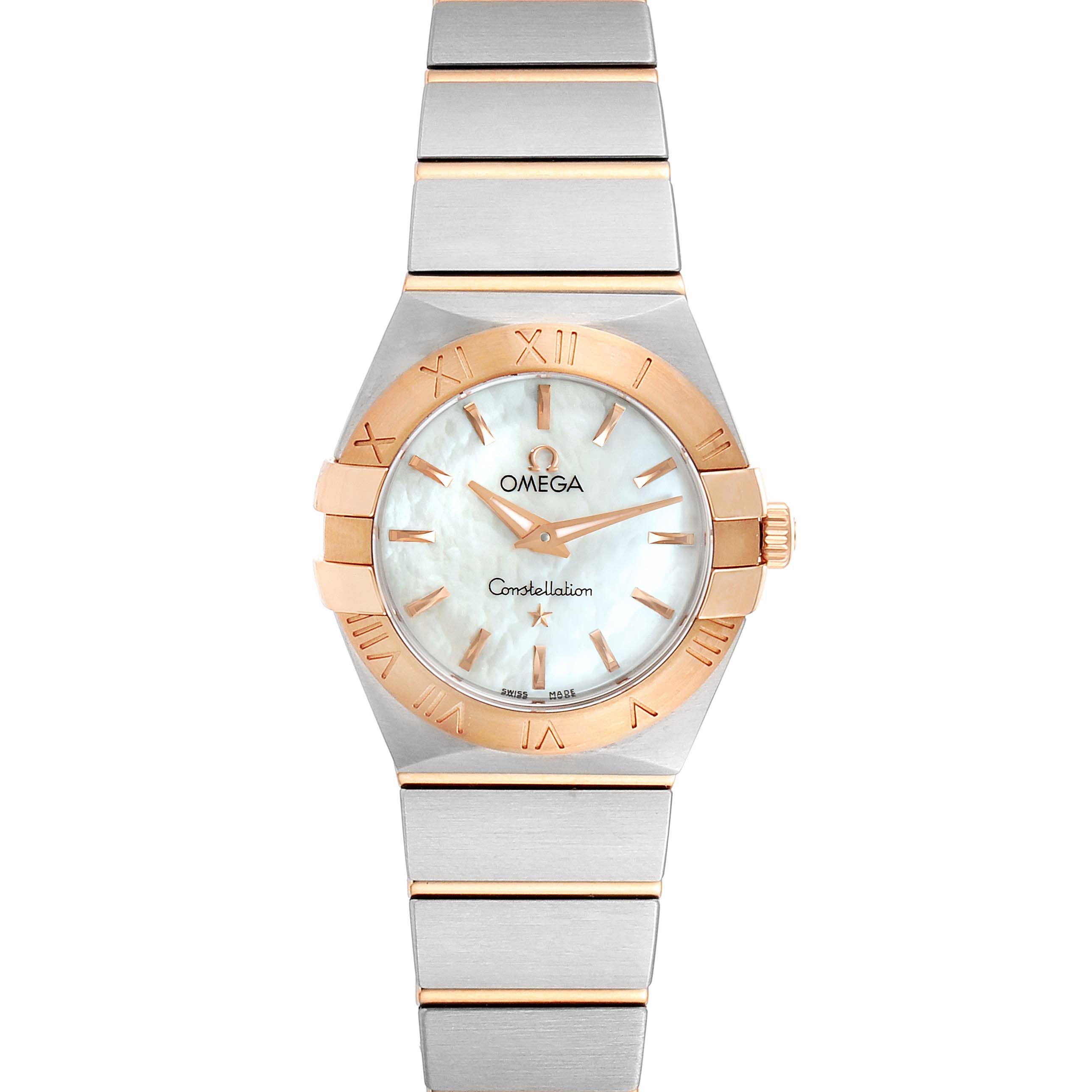 The image shows a frontal view of the Omega 123.20.24.60.05.001 Women
s Steel and Gold (two tone) Mother of Pearl Dial 123.20.24.60.05.001 Women
s Steel and Gold (two tone) Mother of Pearl Dial Constellation MOP Steel Rose Gold Ladies Watch model 123.20.24.60.05.001.