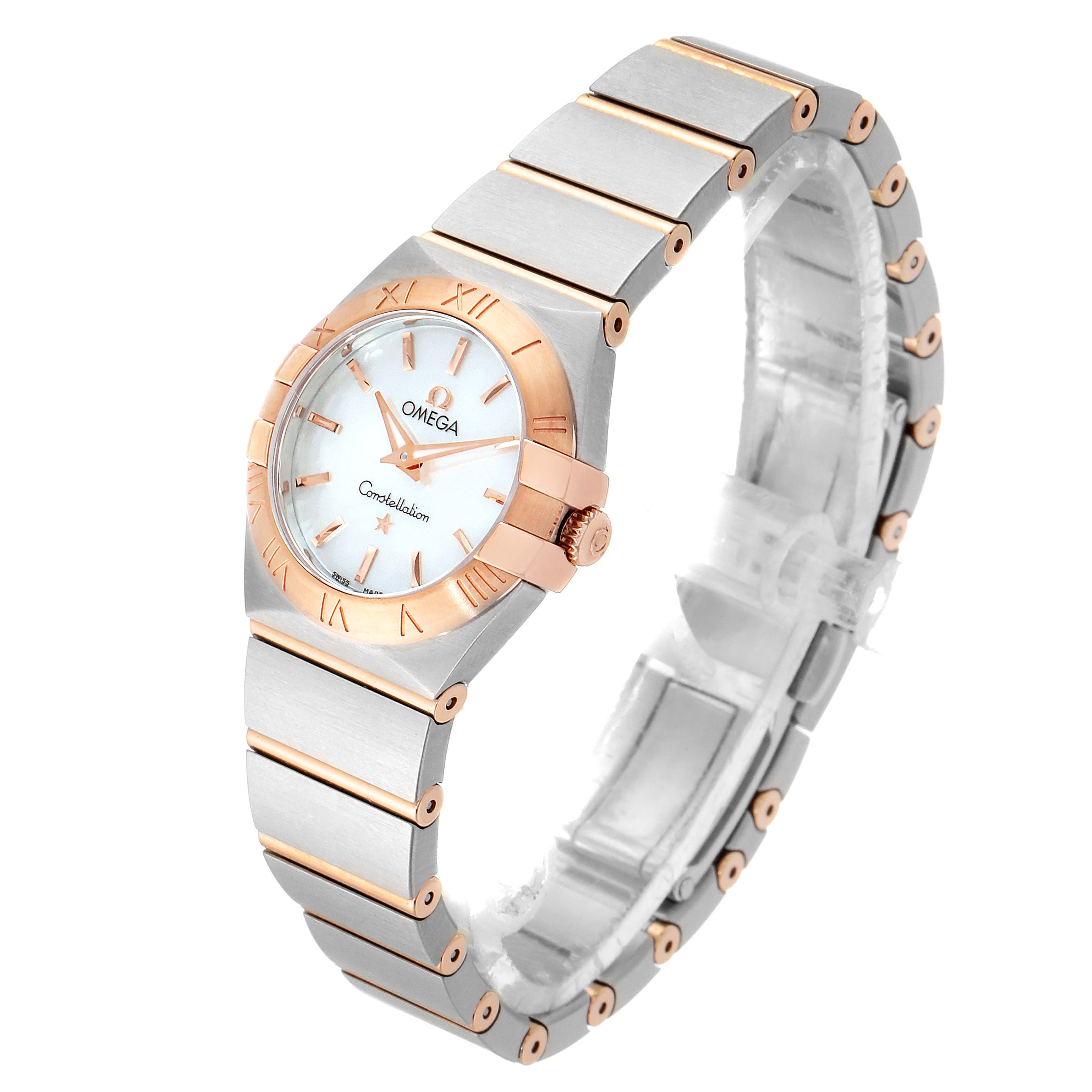 The image shows an Omega 123.20.24.60.05.001 Women
s Steel and Gold (two tone) Mother of Pearl Dial 123.20.24.60.05.001 Women
s Steel and Gold (two tone) Mother of Pearl Dial Constellation MOP Steel Rose Gold Ladies Watch 123.20.24.60.05.001 at a side angle, highlighting the face, bezel, and bracelet.