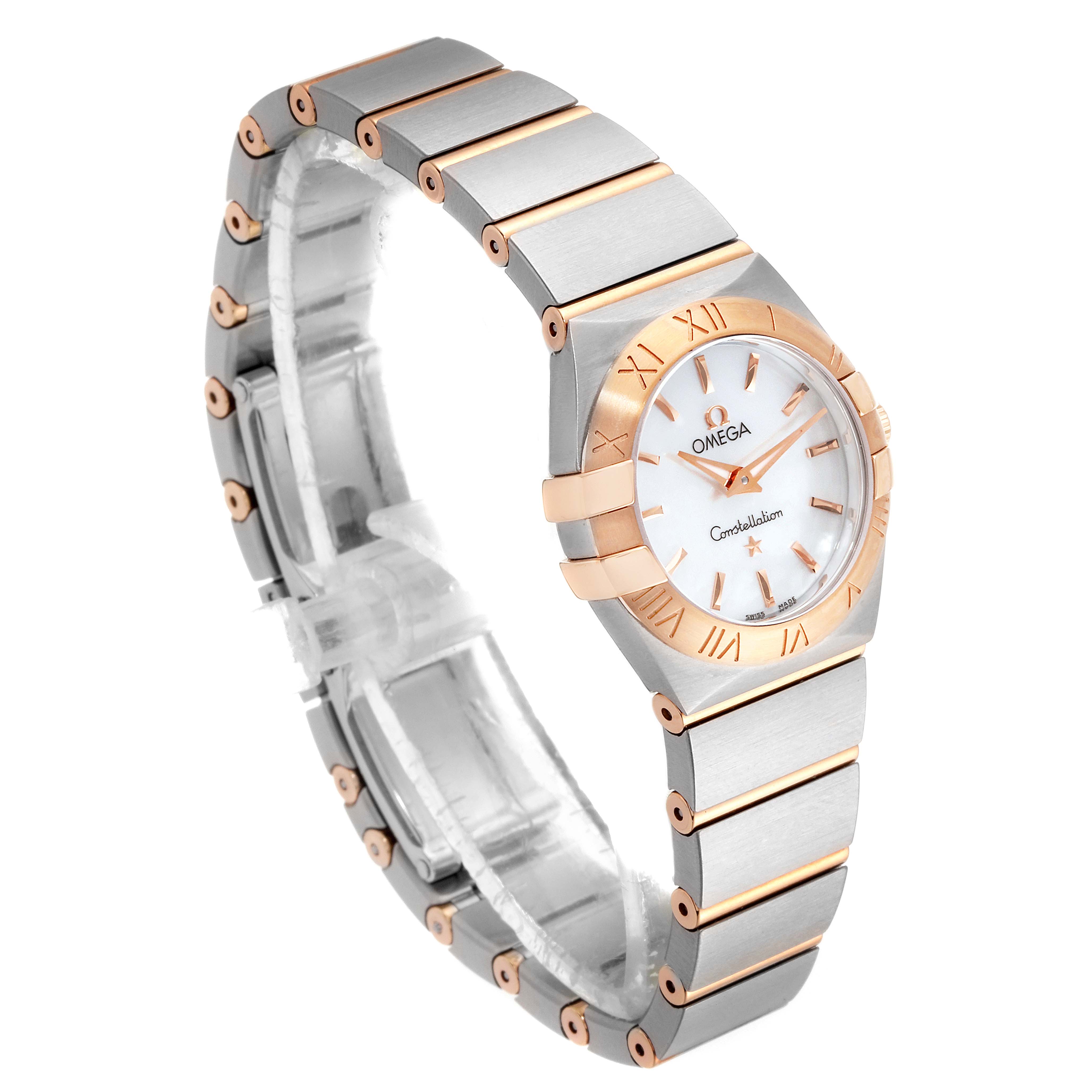 The image shows a three-quarter angled view of the Omega 123.20.24.60.05.001 Women
s Steel and Gold (two tone) Mother of Pearl Dial 123.20.24.60.05.001 Women
s Steel and Gold (two tone) Mother of Pearl Dial Constellation MOP Steel Rose Gold Ladies Watch 123.20.24.60.05.001.
