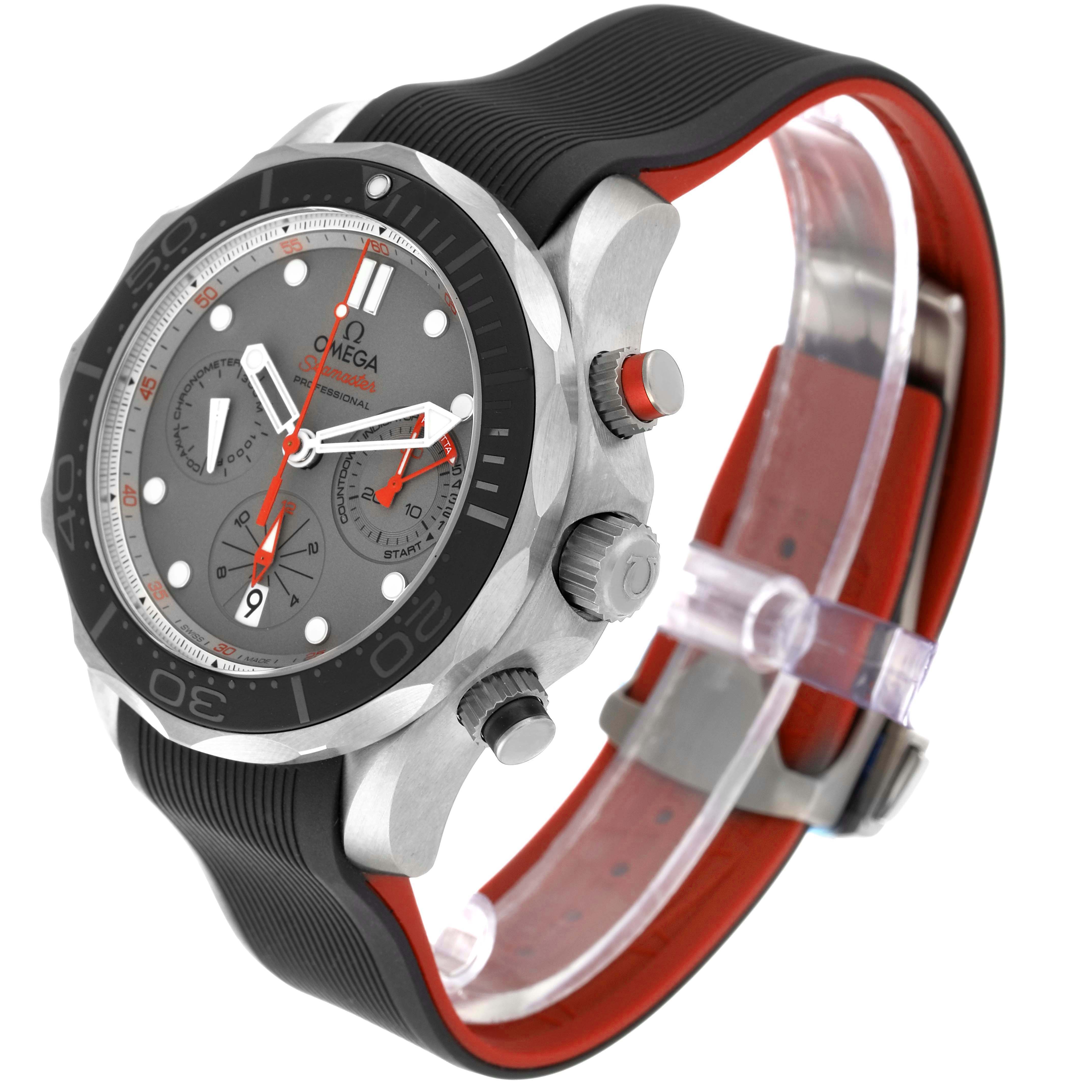 The Omega Seamaster 212.92.44.50.99.001 Men's Titanium Grey Dial is shown at an angled side view, highlighting the face, bezel, crown, pushers, and strap details.