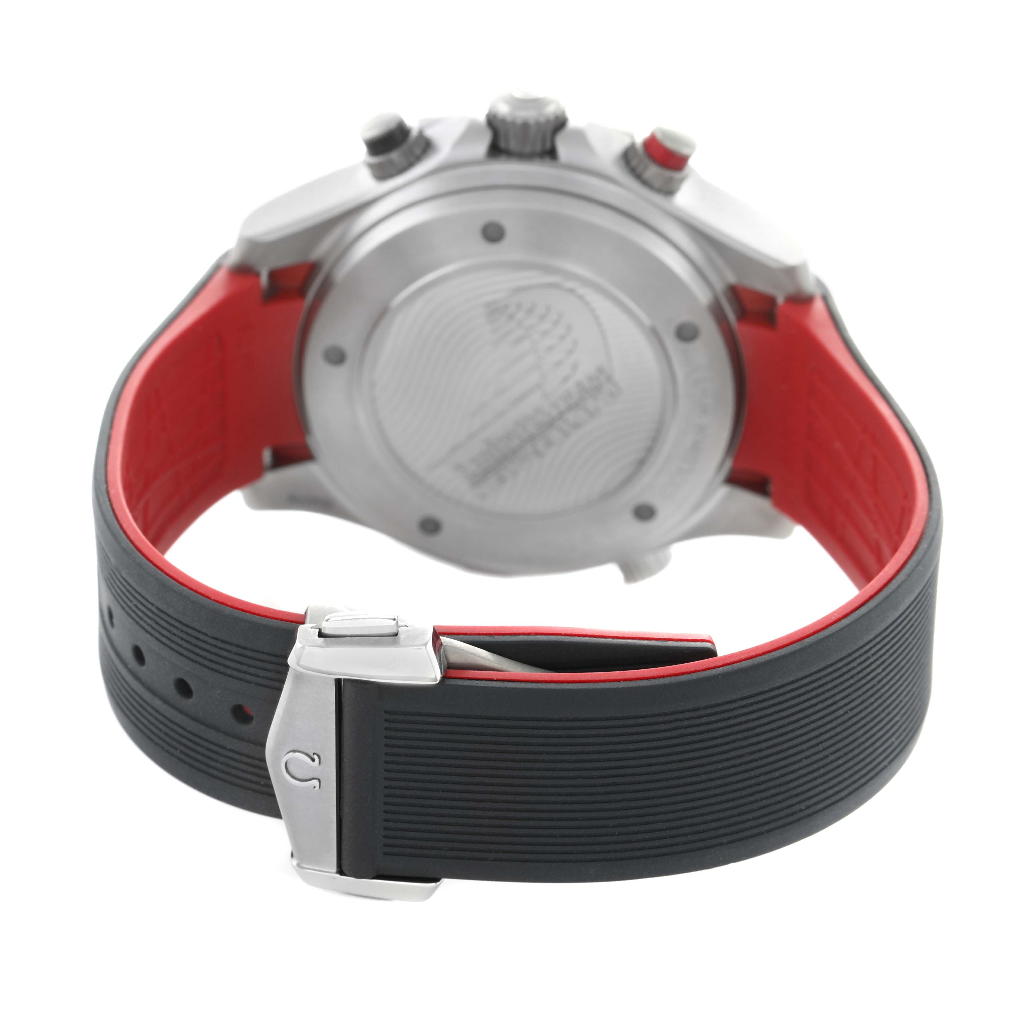 The Omega Seamaster 212.92.44.50.99.001 Men's Titanium Grey Dial watch is shown from the back, featuring the case back, pushers, and a black and red rubber strap with a buckle.