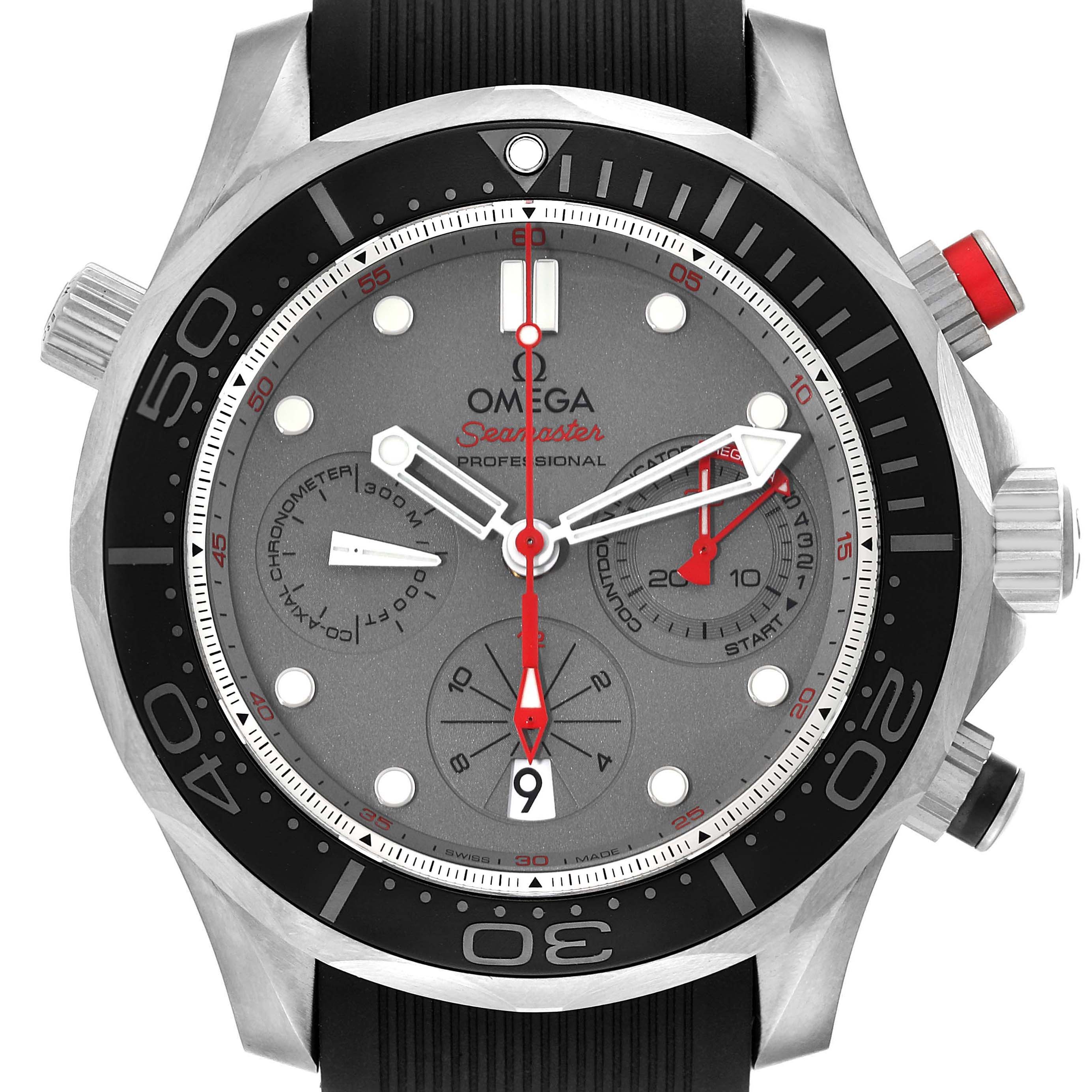 The Omega Seamaster 212.92.44.50.99.001 Men's Titanium Grey Dial watch is shown from a front angle, displaying the face, bezel, and pushers with a black strap.
