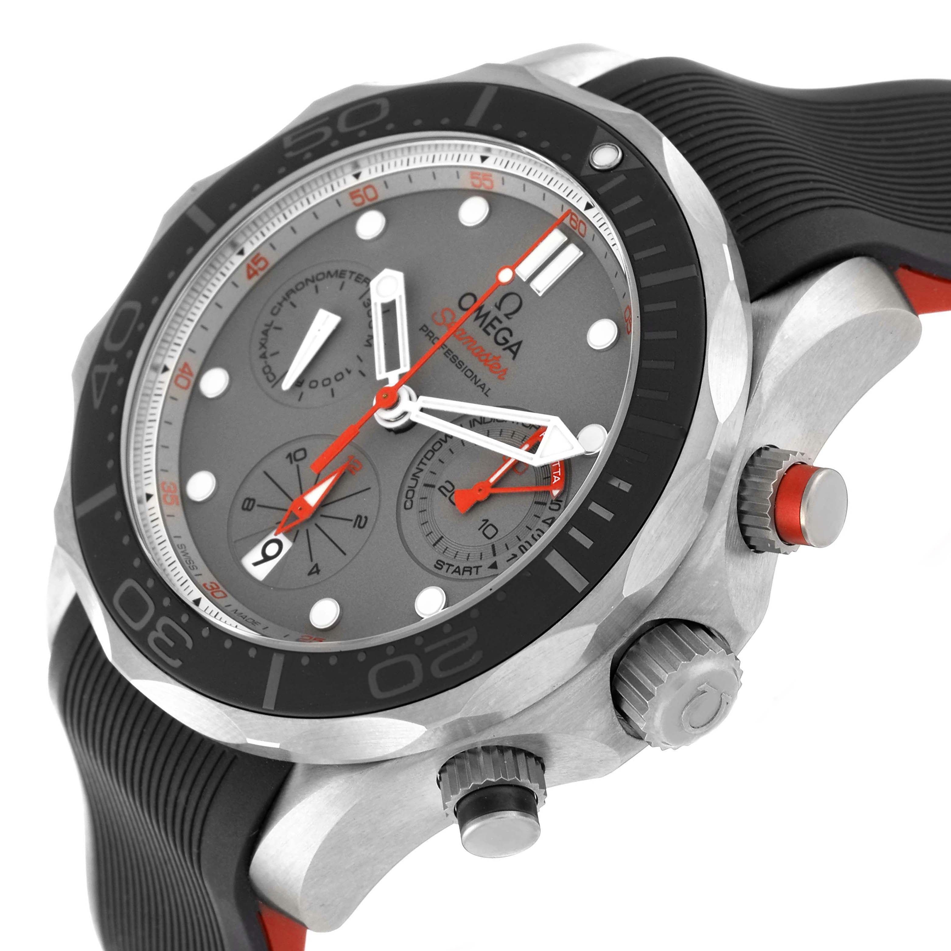 The Omega Seamaster 212.92.44.50.99.001 Men's Titanium Grey Dial watch is shown at an angled side view, featuring the dial, bezel, crown, and pushers.