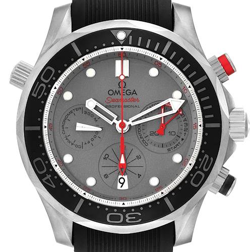The Omega Seamaster 212.92.44.50.99.001 Men's Titanium Grey Dial watch is shown from a front angle, highlighting the dial, bezel, crown, pushers, and strap.