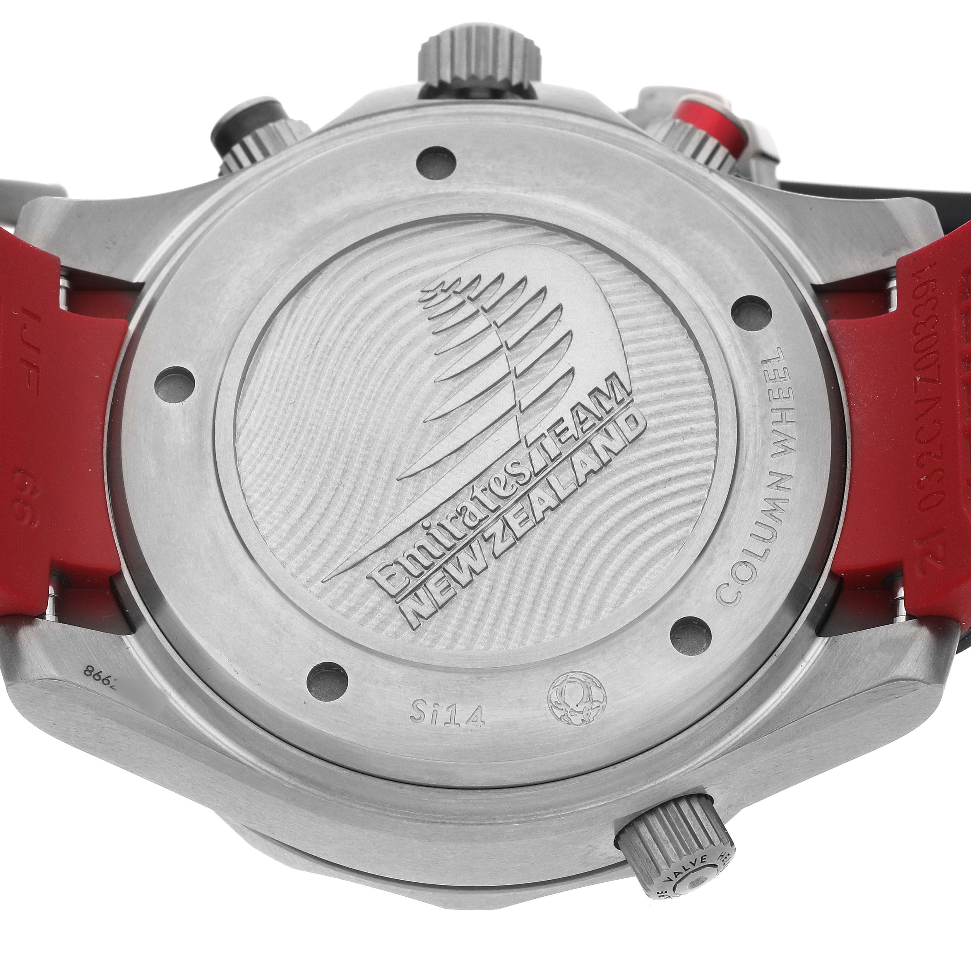 The image shows the back casing of the Omega Seamaster 212.92.44.50.99.001 Men's Titanium Grey Dial, highlighting the engraved design and crown.