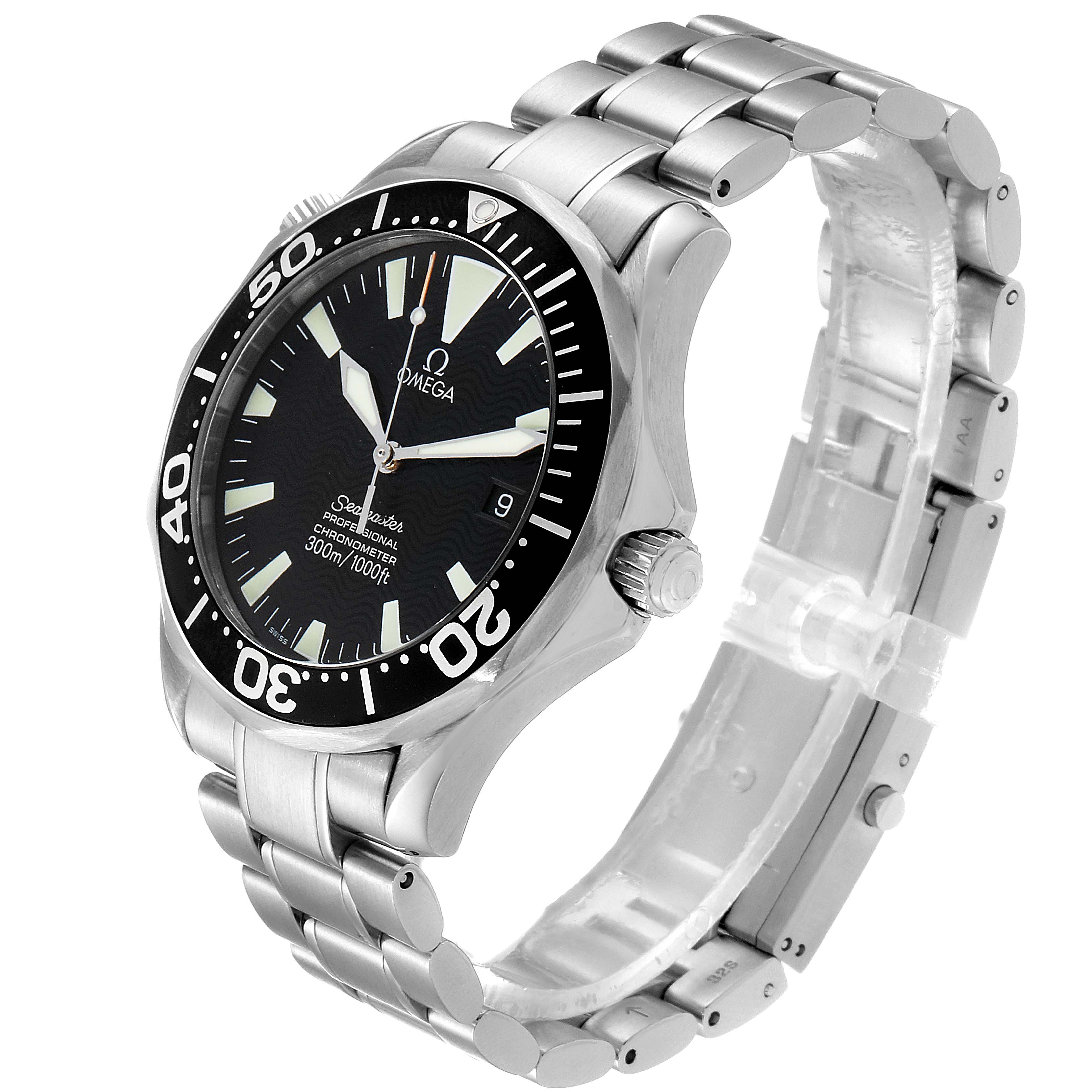 The image shows a side view angle of an Omega Seamaster 2254.50.00 Men
s Stainless Steel Black Dial 2254.50.00 Men
s Stainless Steel Black Dial watch highlighting its bezel, dial, crown, and stainless steel bracelet.